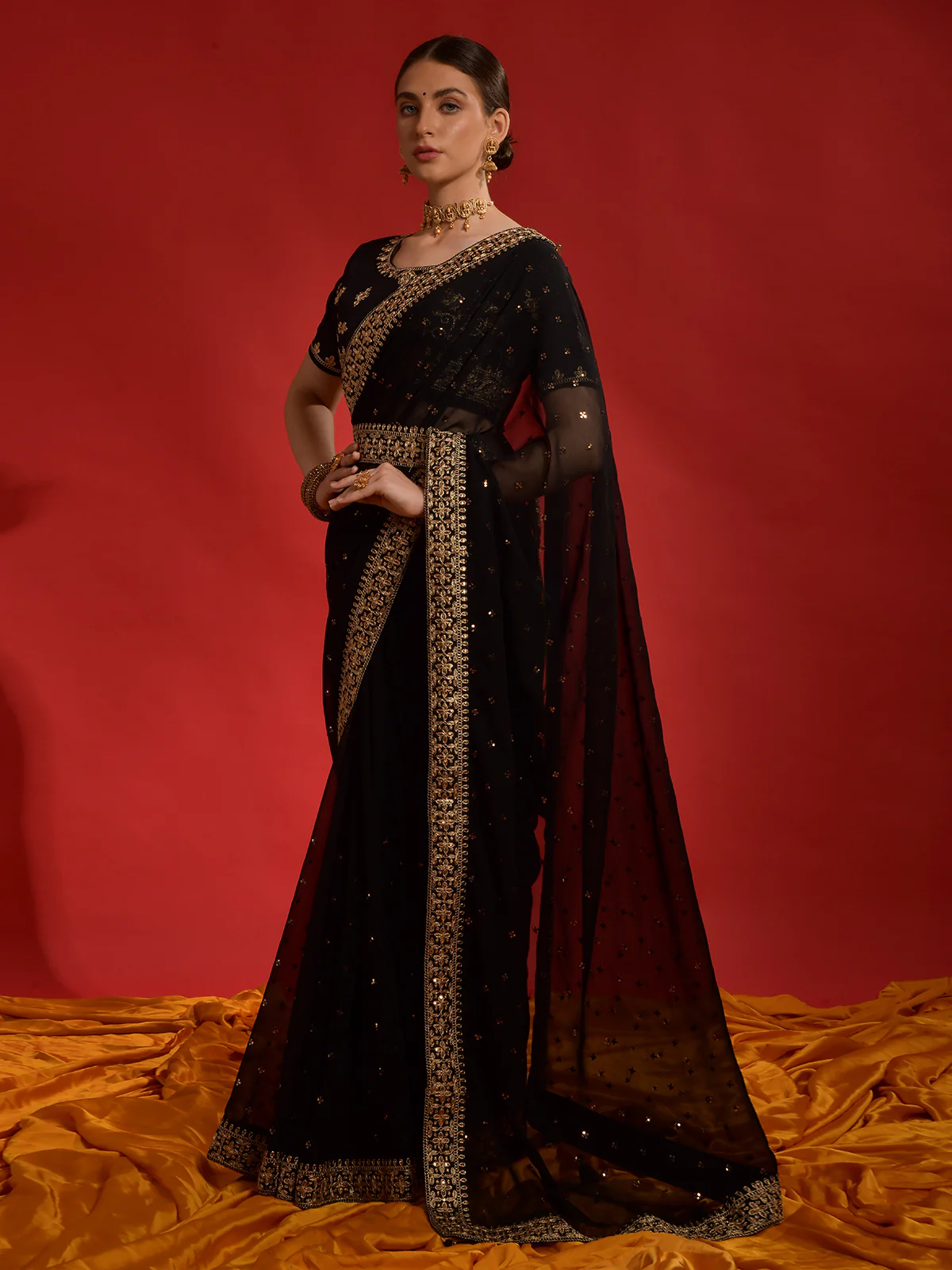 Odette Black Embroidered Georgette Saree With Unstitched Blouse For Women - Image 3