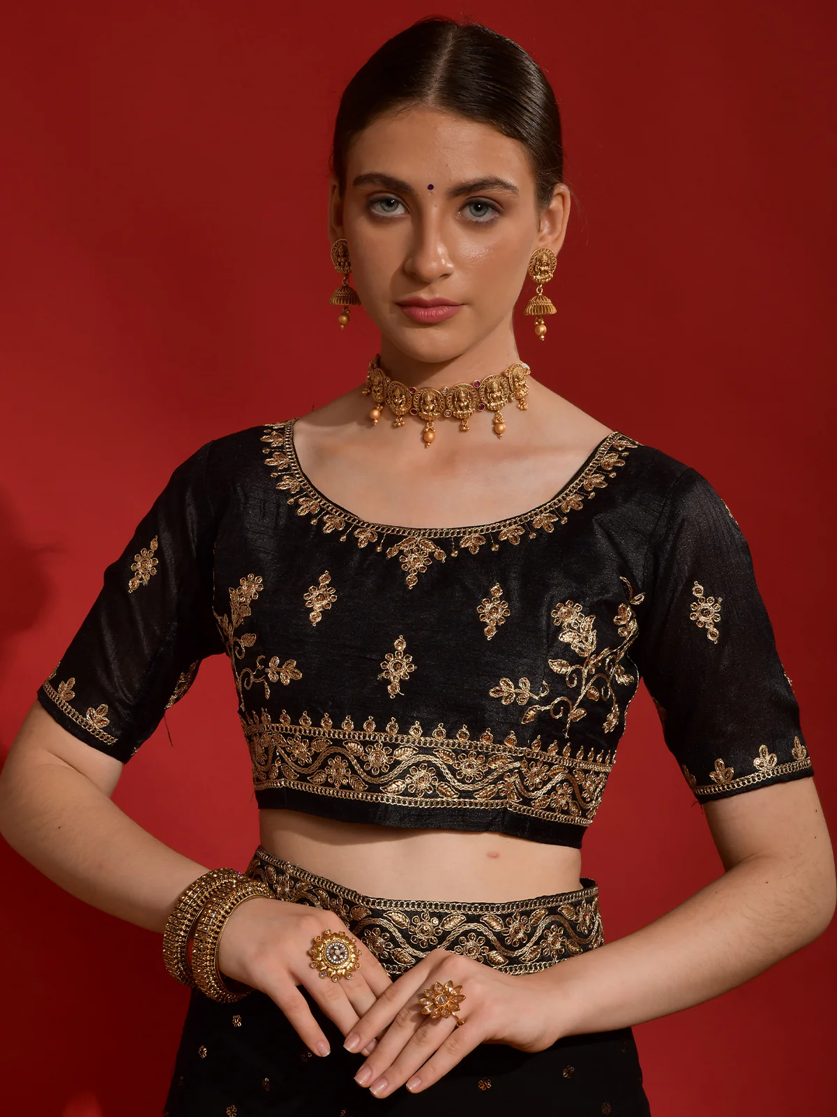 Odette Black Embroidered Georgette Saree With Unstitched Blouse For Women - Image 5