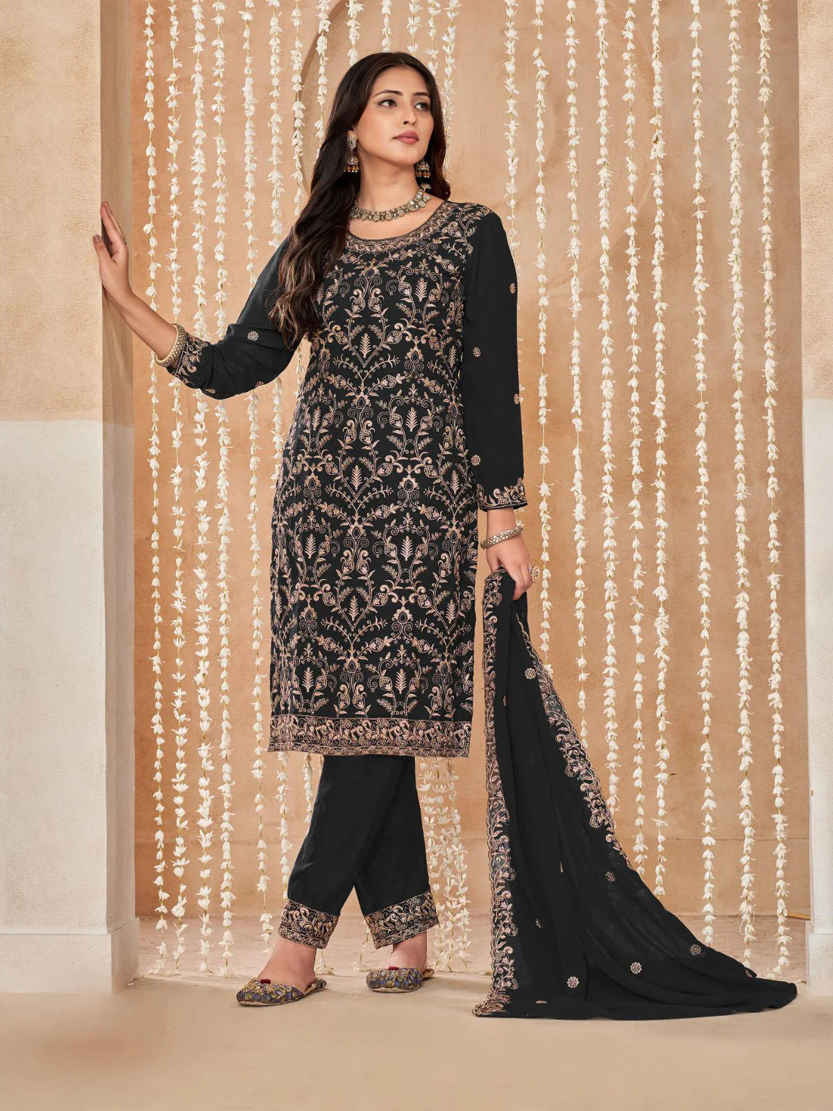 Odette Black Embroidered Georgette Semi Stitched Kurta Set With Dupatta For Women - Image 3