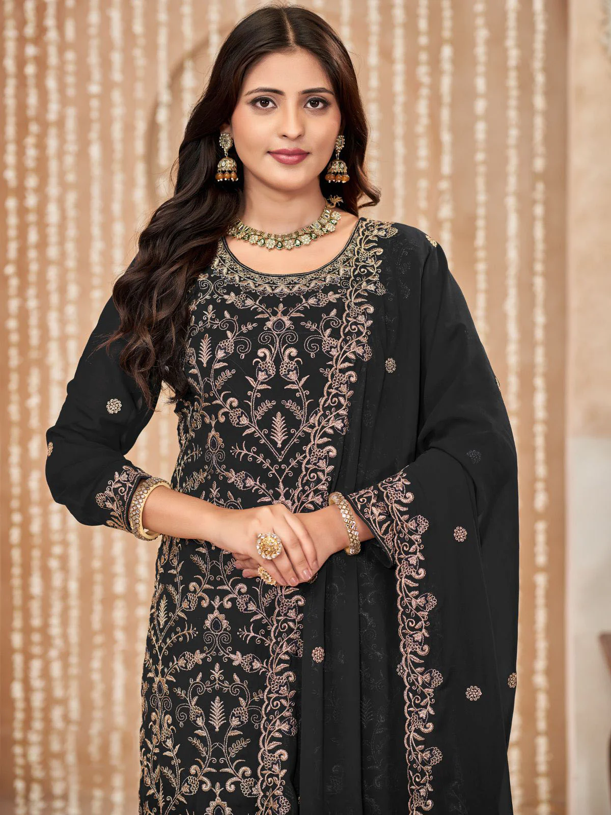 Odette Black Embroidered Georgette Semi Stitched Kurta Set With Dupatta For Women - Image 4