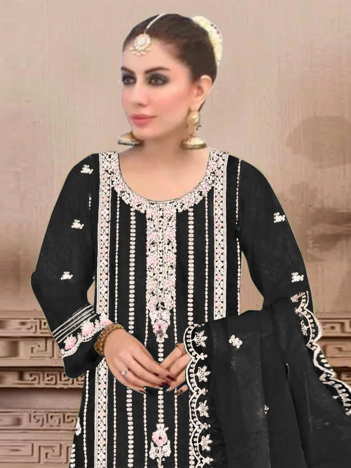 Odette Black Embroidered Georgette Semi Stitched Kurta Set With Dupatta For Women - Image 2