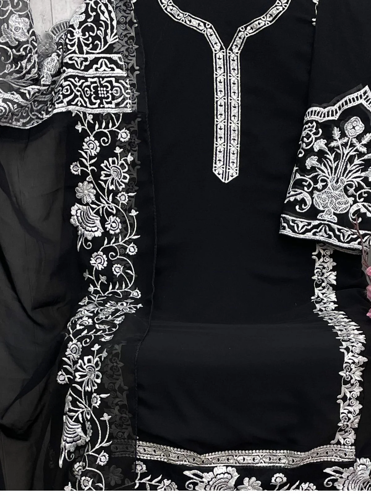 Odette Black Embroidered Georgette Semi Stitched Kurta Set with Dupatta For Women - Image 3