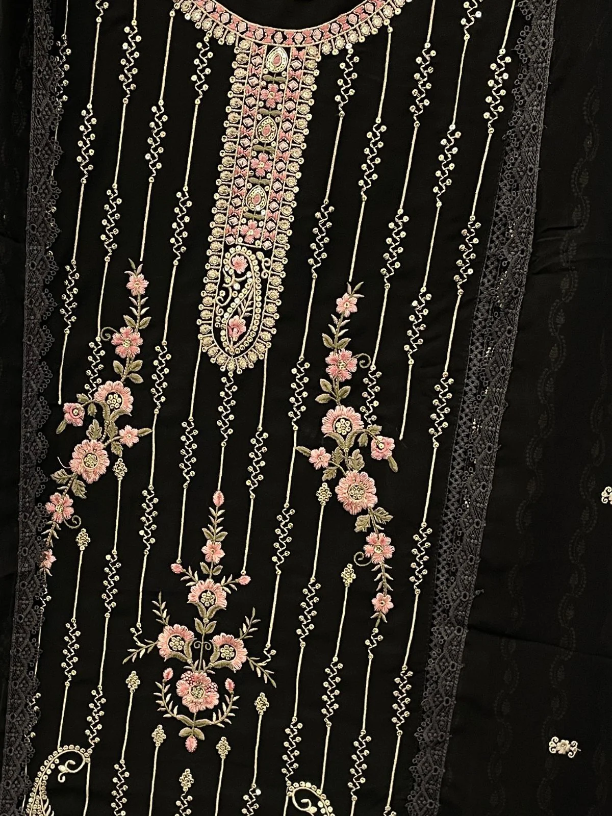 Odette Black Embroidered Georgette Semi Stitched Kurta Set with Dupatta For Women - Image 3
