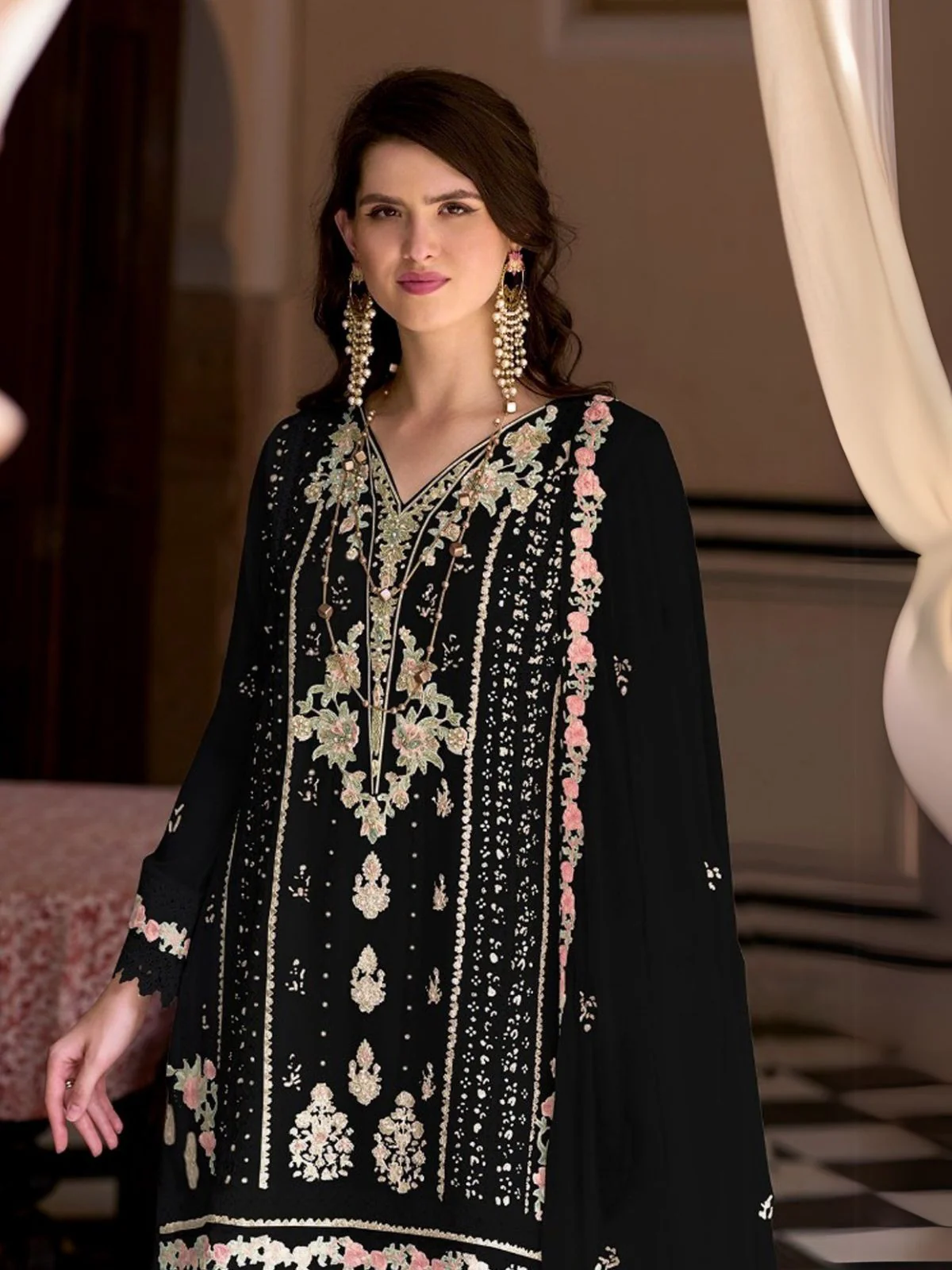 Odette Black Embroidered Georgette Semi-Stitched Kurta Set For Women - Image 2