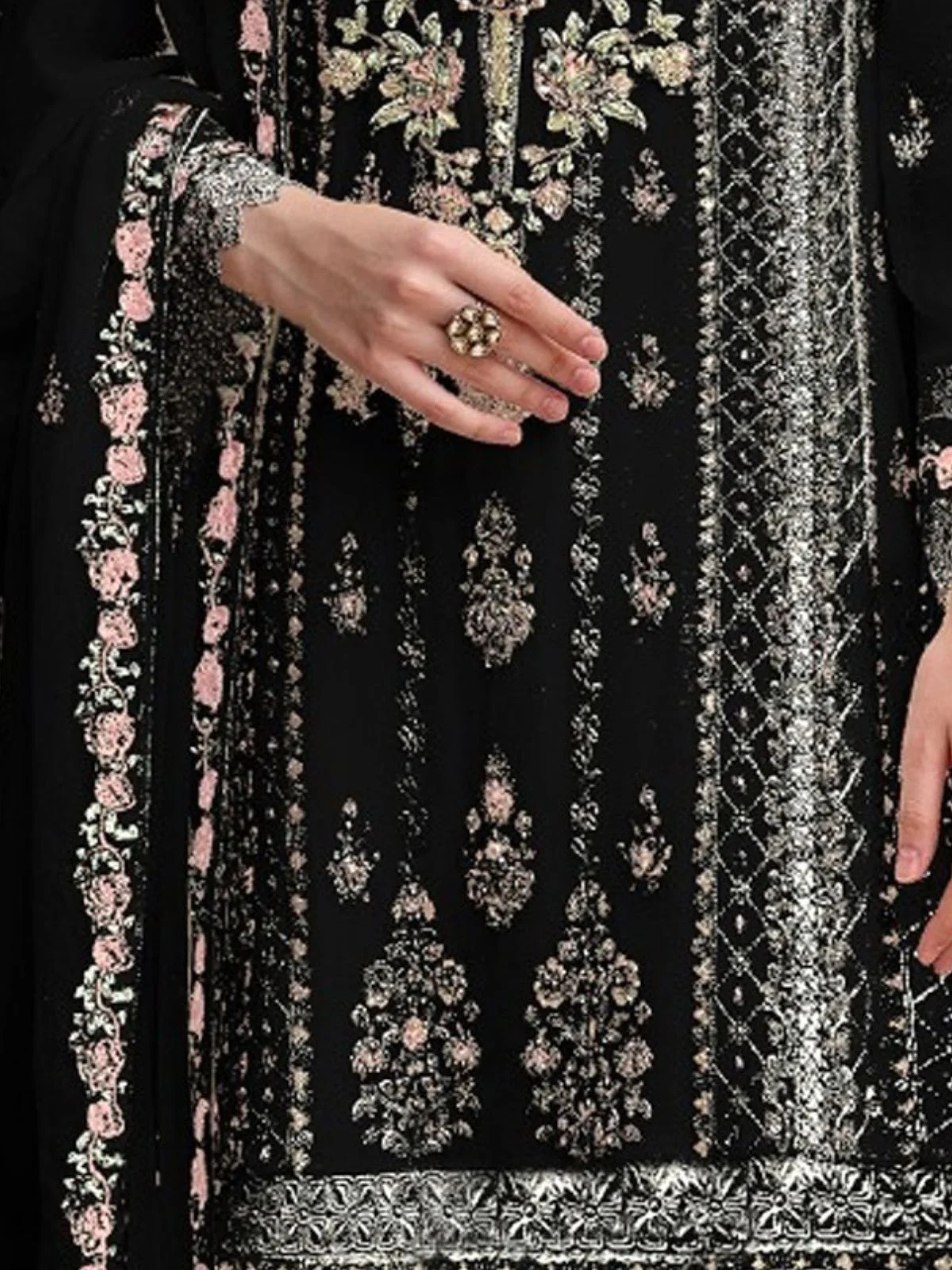 Odette Black Embroidered Georgette Semi-Stitched Kurta Set For Women - Image 3