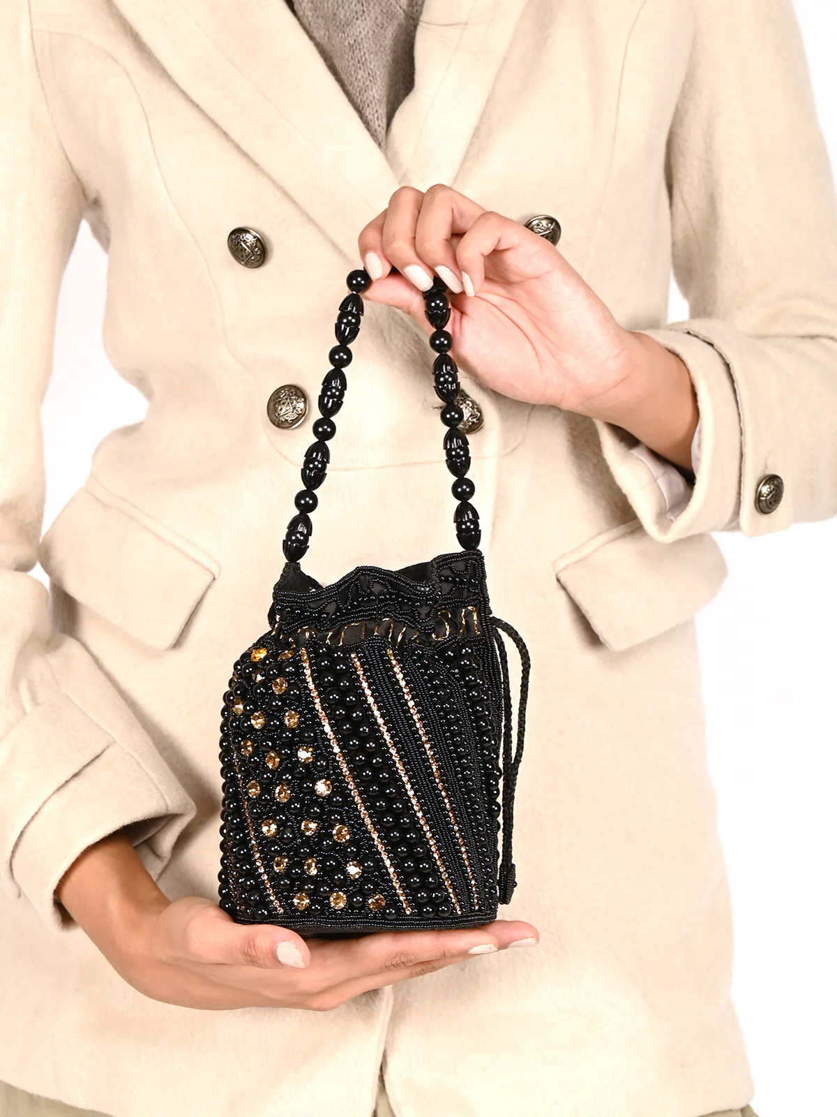 Odette Black Embroidered Potli Bag with Tassels For Women - Image 2