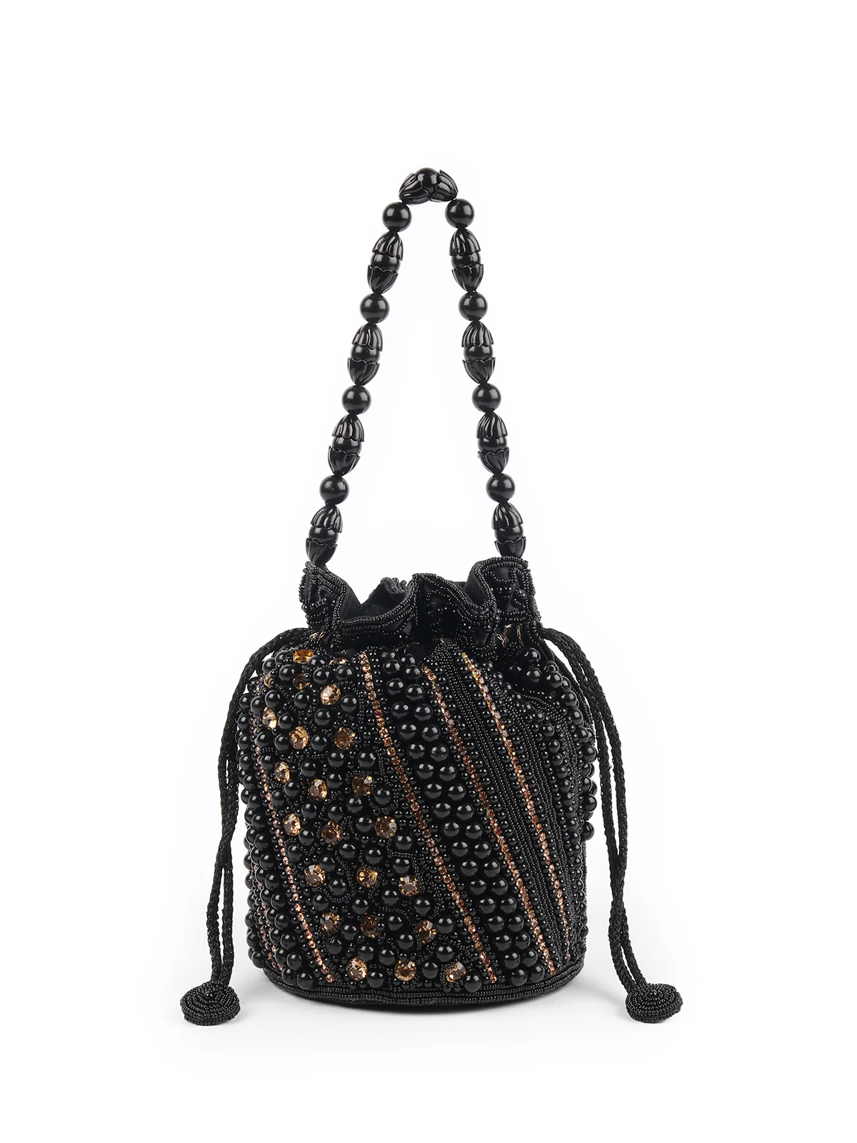 Odette Black Embroidered Potli Bag with Tassels For Women - Image 4