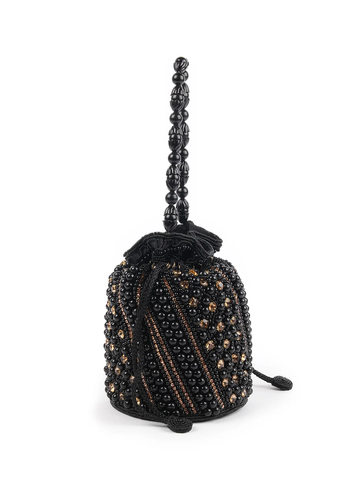 Odette Black Embroidered Potli Bag with Tassels For Women - Image 5