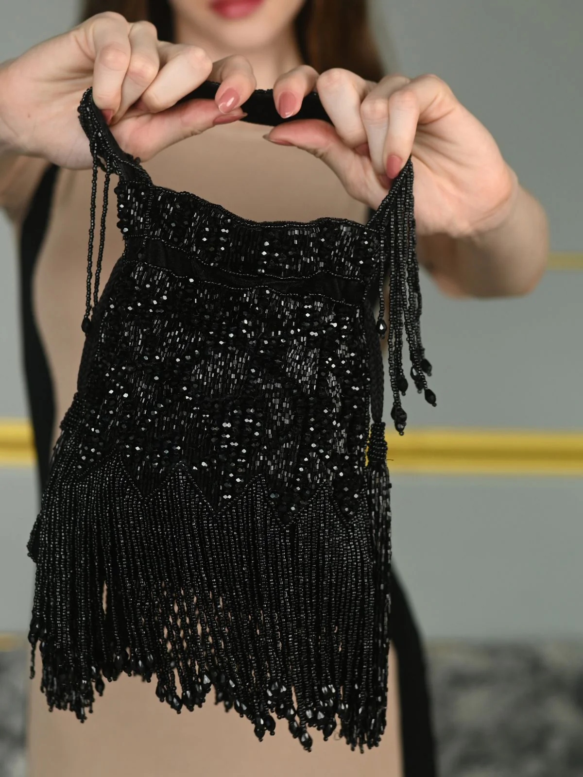Odette Black Embroidered Potli Bag with Tassels For Women - Image 2