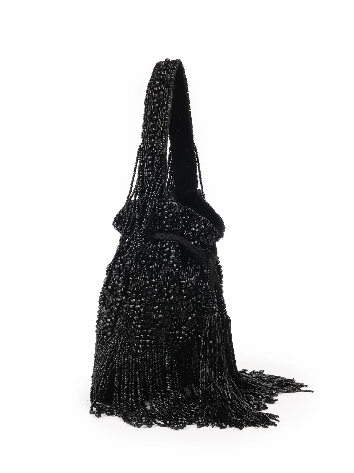 Odette Black Embroidered Potli Bag with Tassels For Women - Image 4