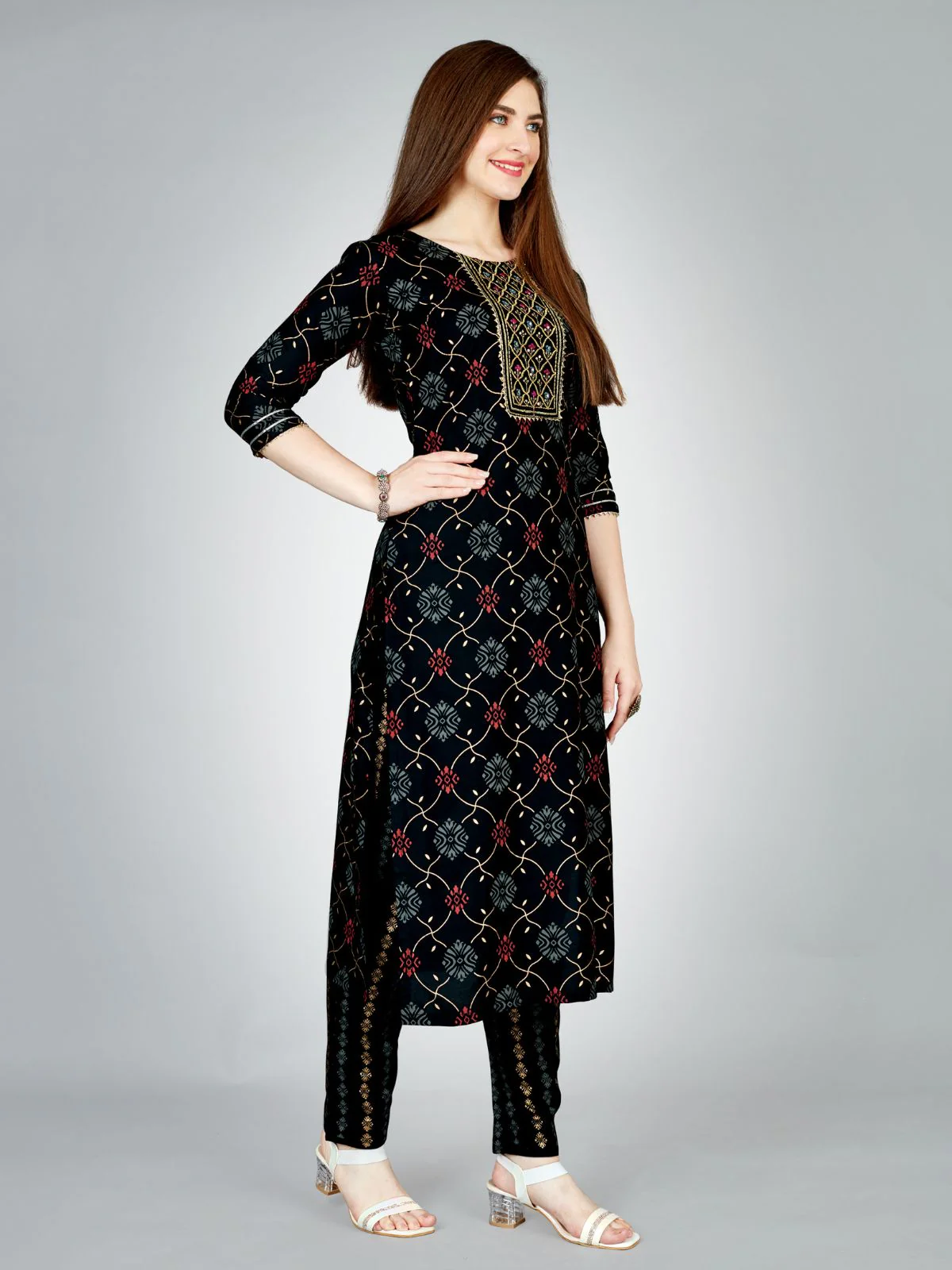 Odette Black Embroidered Rayon Stitched Kurta Set For Women - Image 3