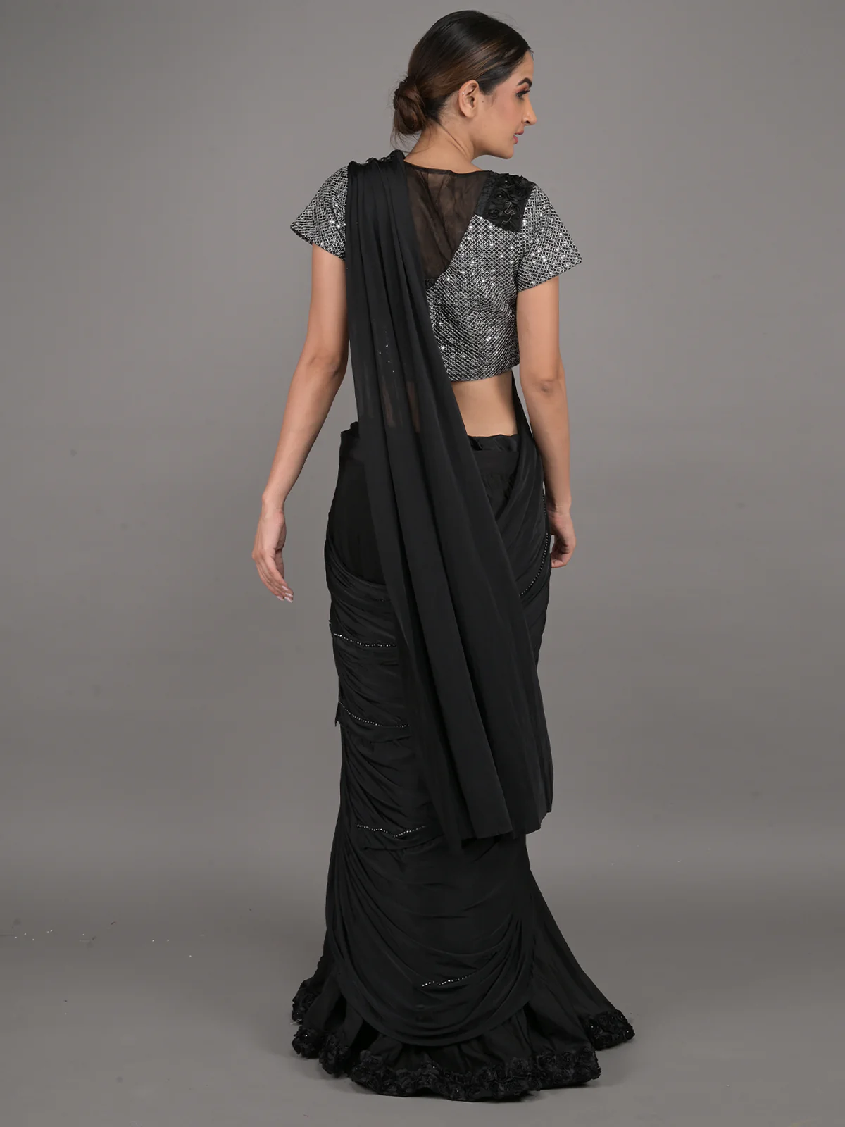 Odette Black Embroidered Ready-To-Wear Polyester Saree With Stitched Blouse For Women - Image 3