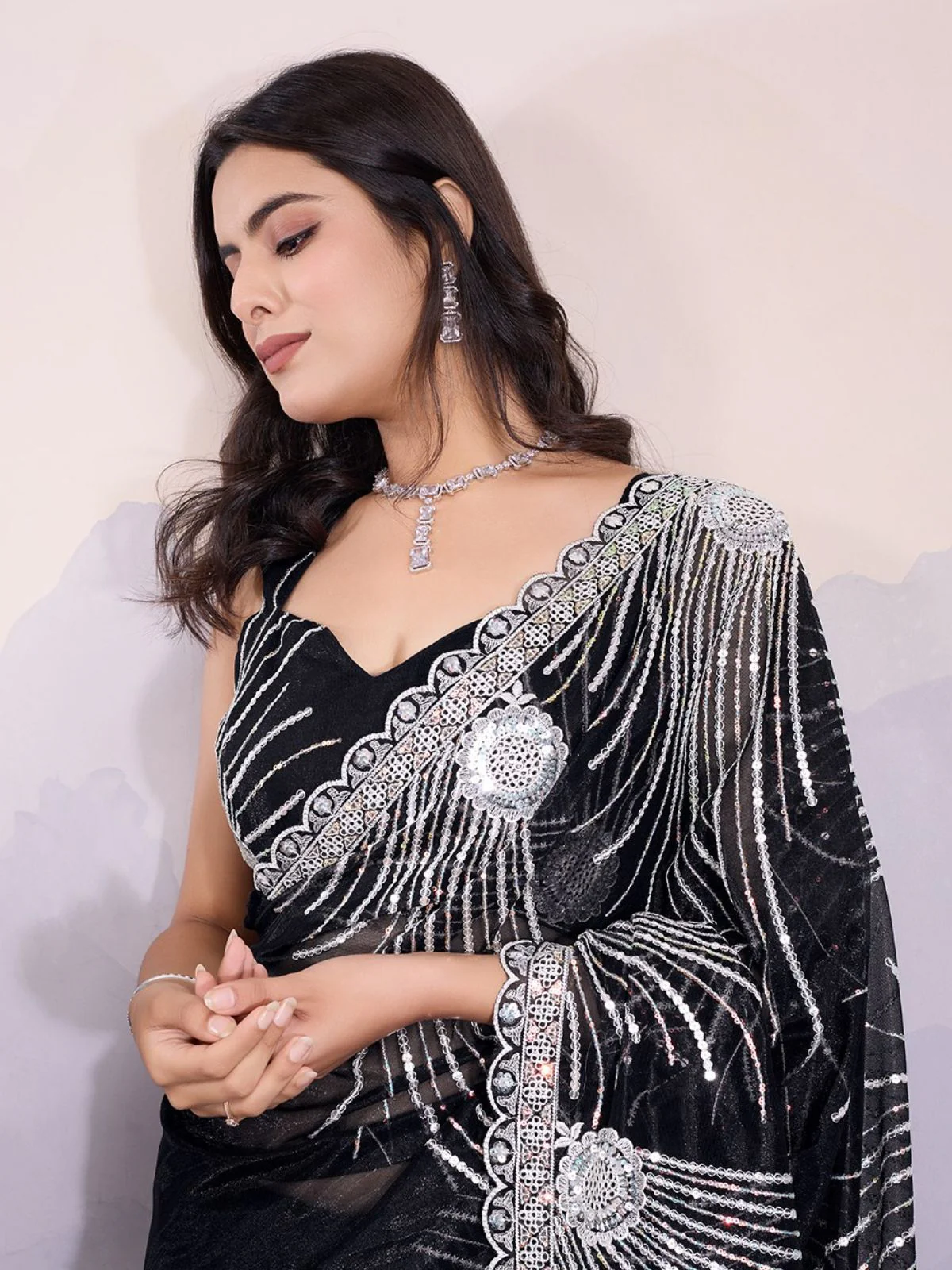 Odette Black Organza Embroidered Saree For Women - Image 3