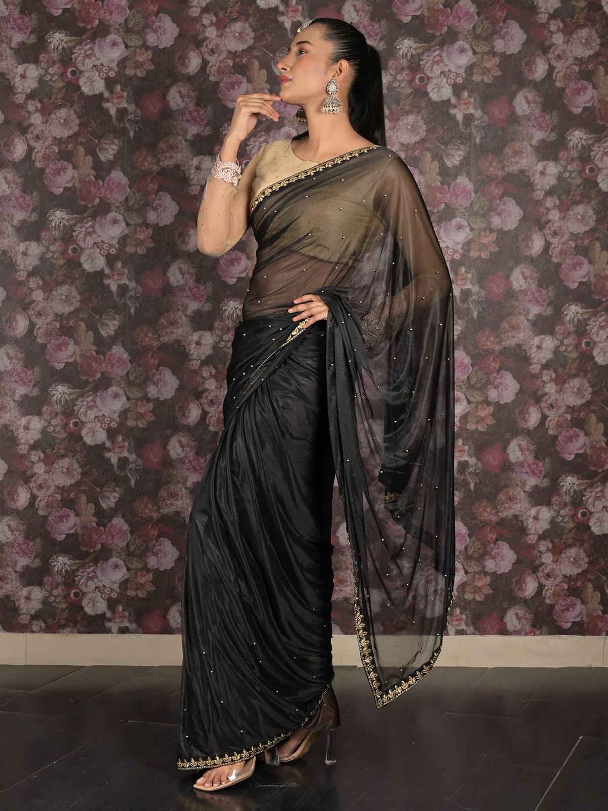 Odette Black Embroidered Satin Saree With Unstitched Blouse For Women - Image 3