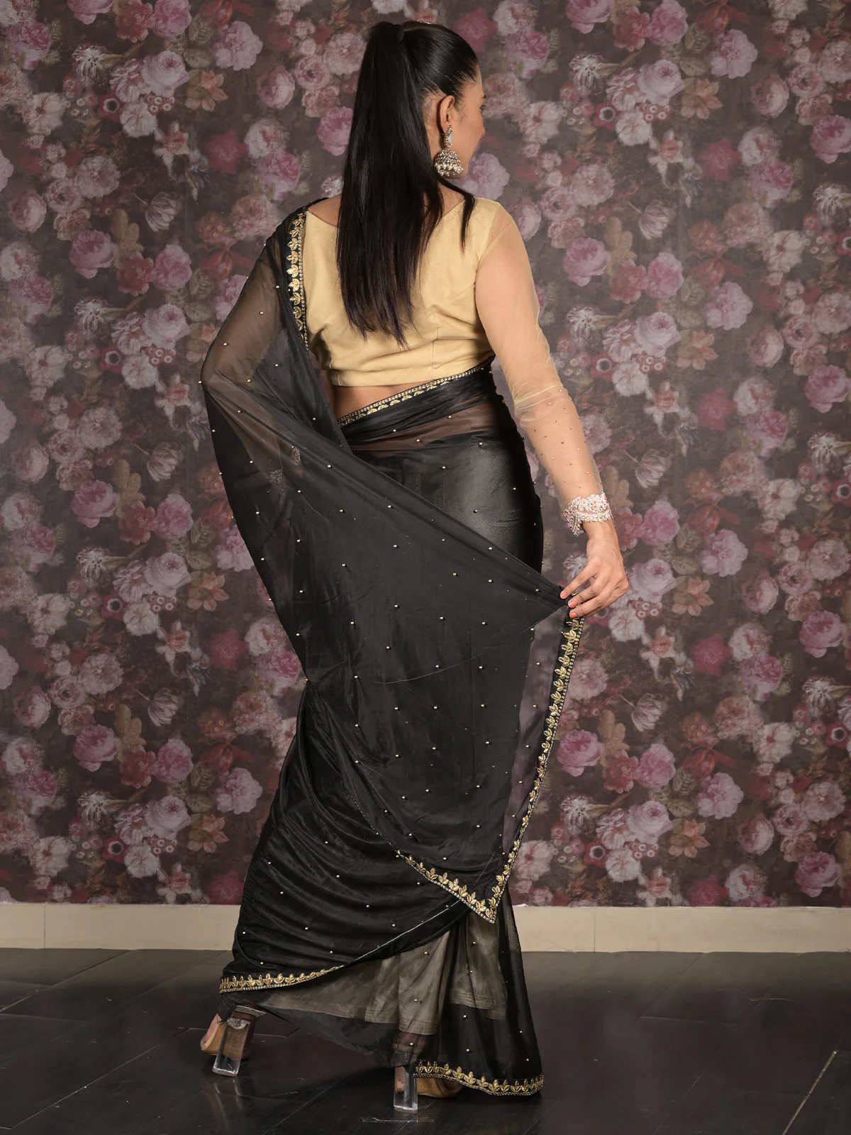 Odette Black Embroidered Satin Saree With Unstitched Blouse For Women - Image 4