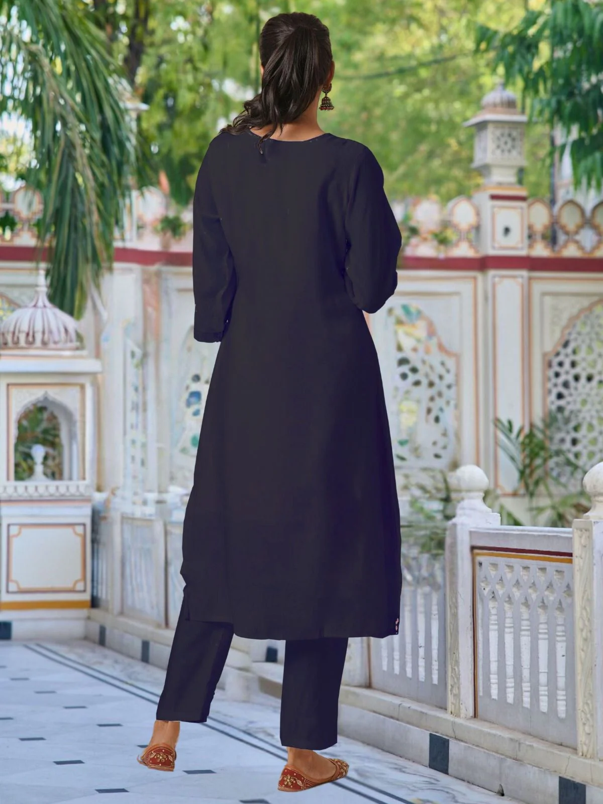 Odette Black Embroidered Silk Blend Stitched Kurta Set For Women - Image 3