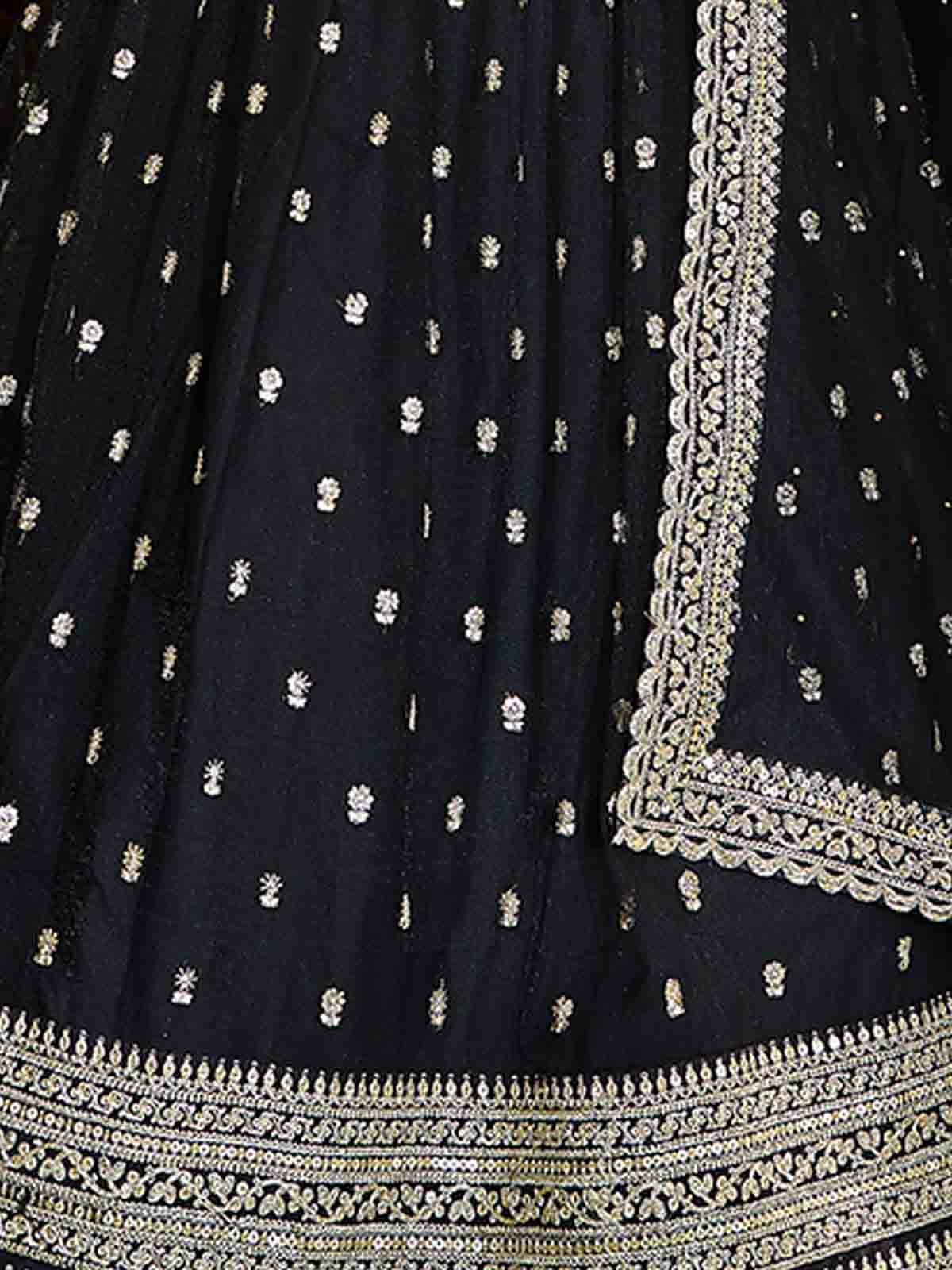 Odette Black Embroidered Soft Net Semi Stitched Lehenga With Blouse For Women - Image 5