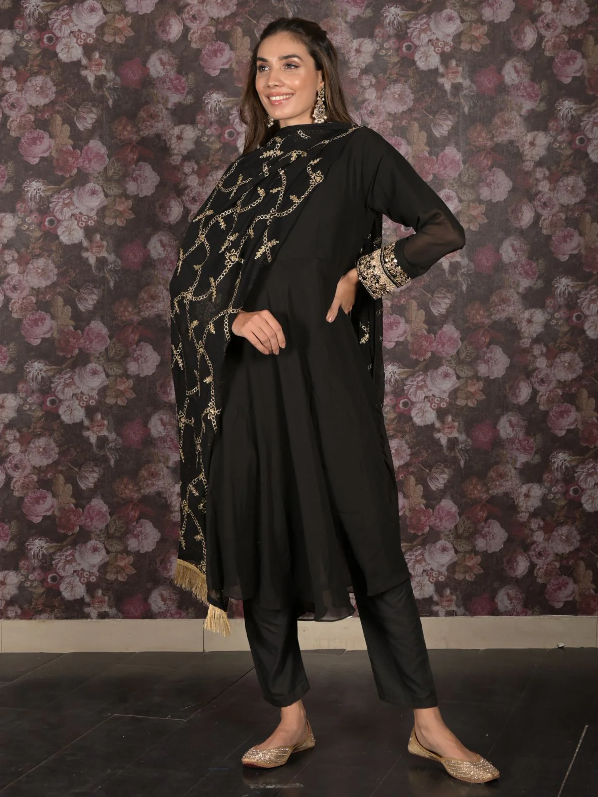 Odette Black Embroidered Stitched Fit and Flare Georgette Kurta Set for Womem - Image 2
