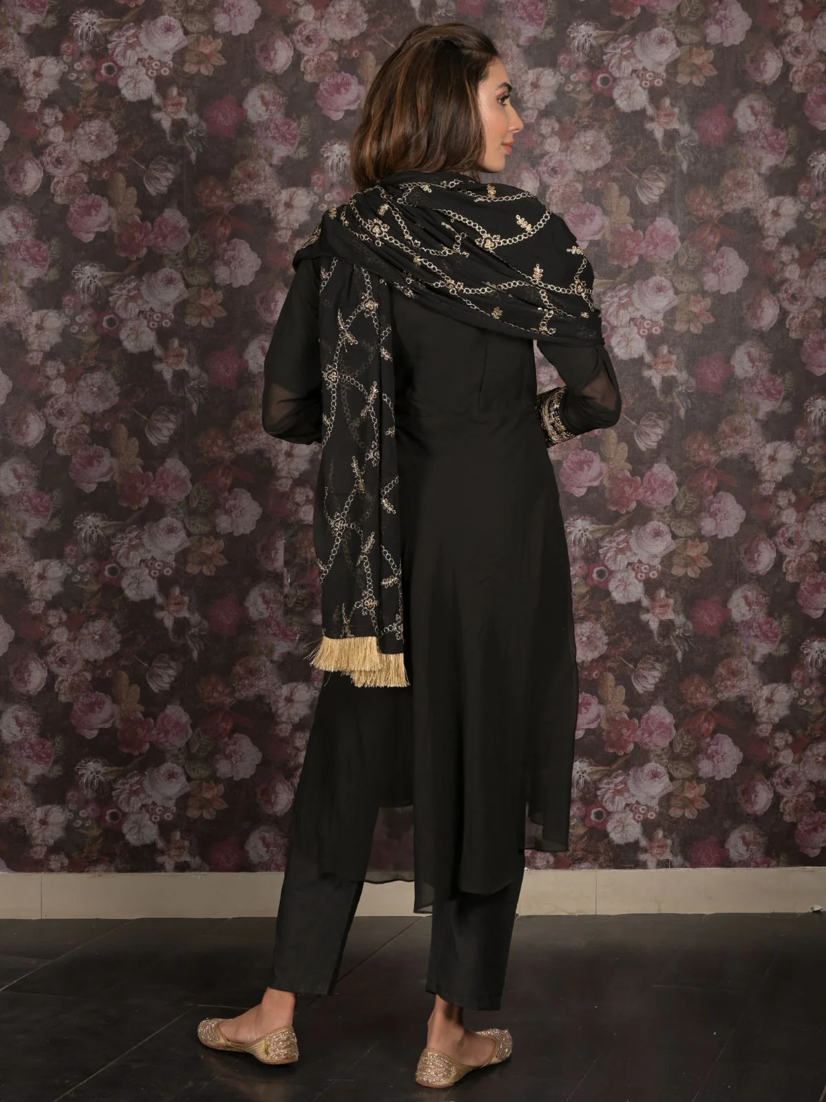 Odette Black Embroidered Stitched Fit and Flare Georgette Kurta Set for Womem - Image 4