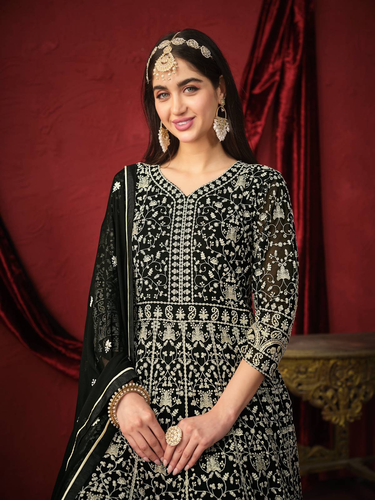 Odette Black Faux Georgette Embroidery Unstitched Gown For Women - Image 4