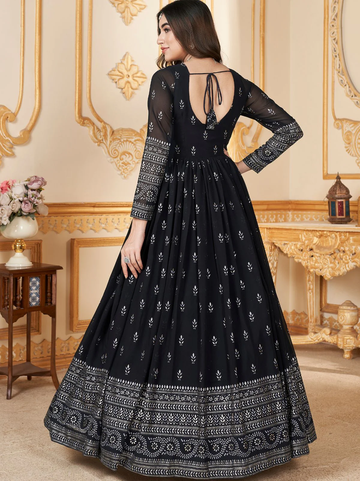 Odette Black Faux Georgette Metalic Multi Foil Work Stitched Gown With Dupatta For Women - Image 3