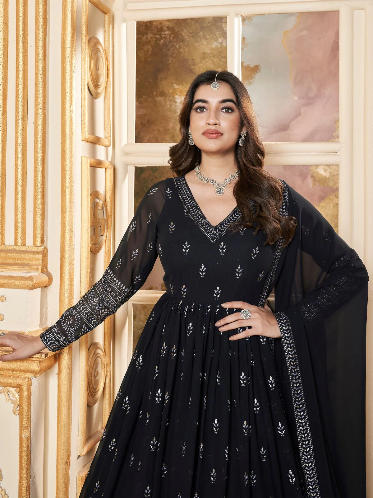 Odette Black Faux Georgette Metalic Multi Foil Work Stitched Gown With Dupatta For Women - Image 4