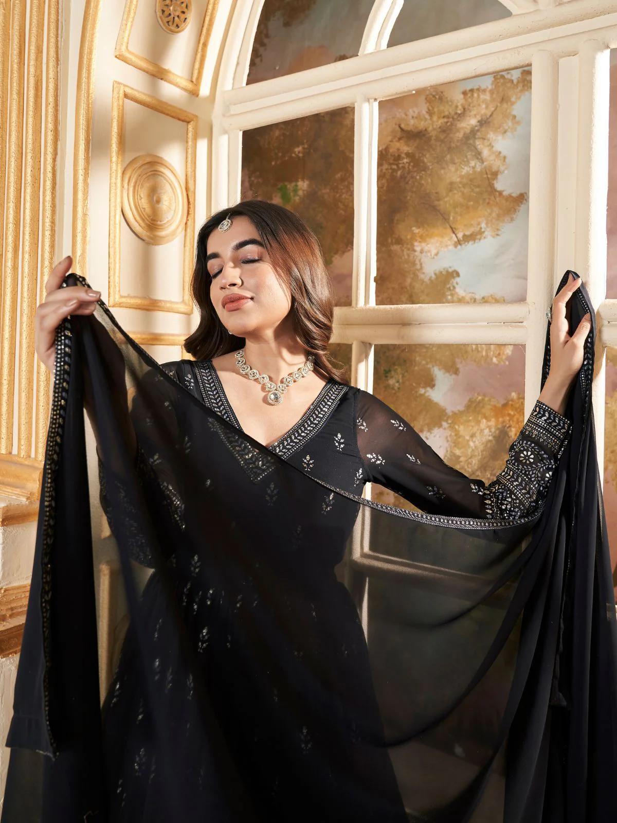 Odette Black Faux Georgette Metalic Multi Foil Work Stitched Gown With Dupatta For Women - Image 5