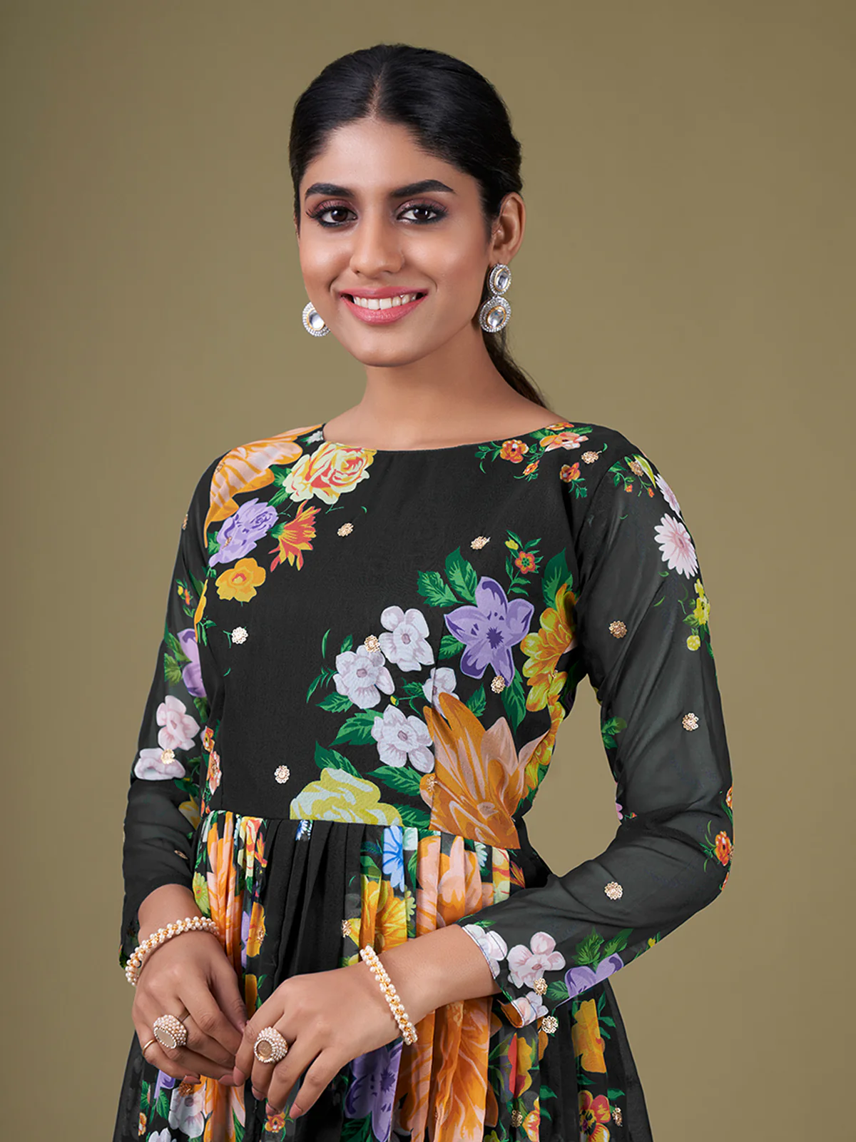 Odette Black Faux Georgette Printed Semi Stitched Anarkali Kurta Set For Women - Image 5