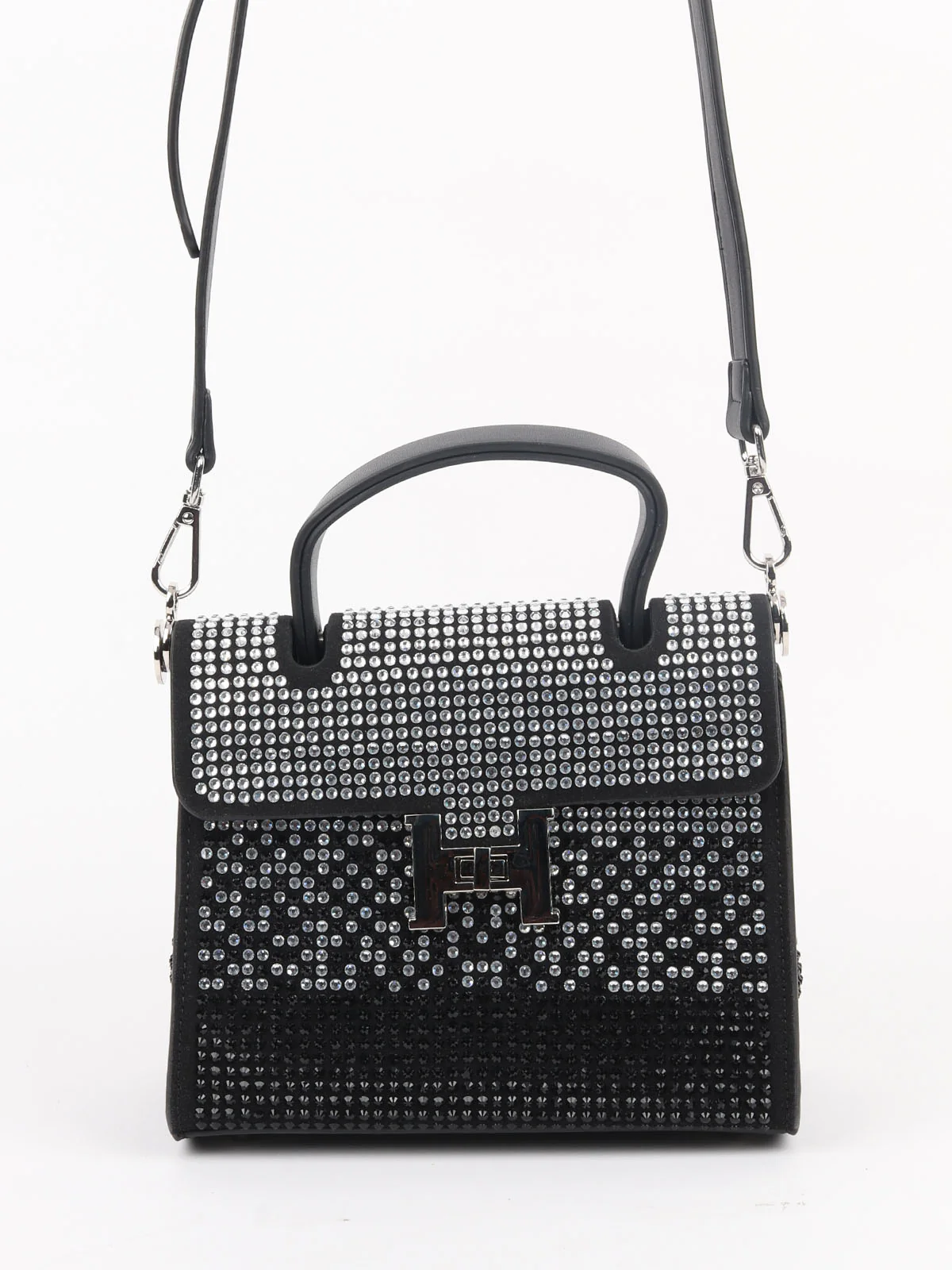 Odette Black Faux Leather Comprehensive With Silver Stone Work Sling Bag For Women - Image 4