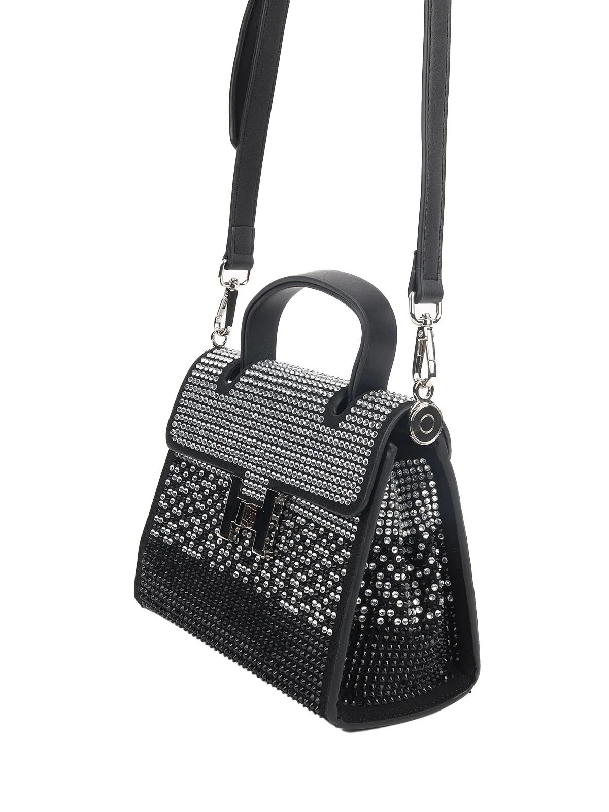 Odette Black Faux Leather Comprehensive With Silver Stone Work Sling Bag For Women - Image 5