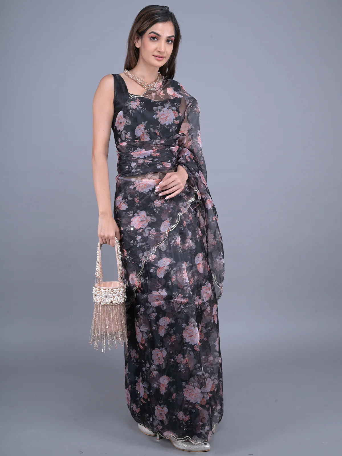 Odette Black Floral Printed Embroidered Organza Saree with Unstitched Blouse for Women - Image 2
