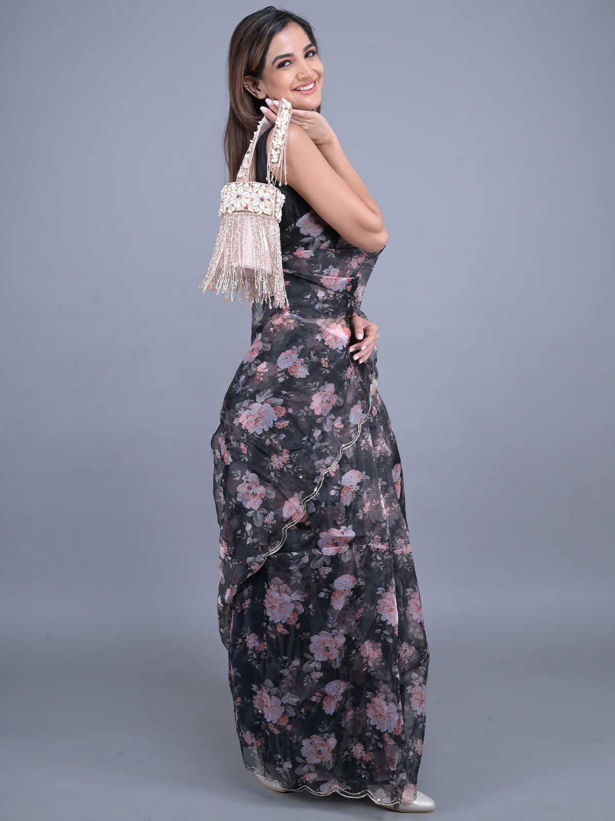 Odette Black Floral Printed Embroidered Organza Saree with Unstitched Blouse for Women - Image 3