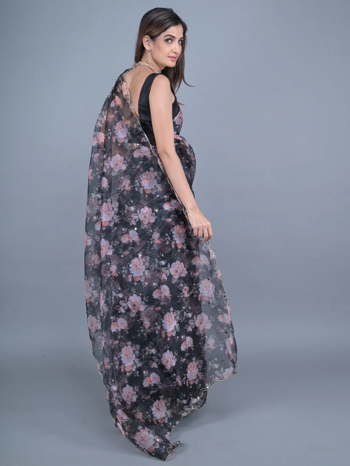 Odette Black Floral Printed Embroidered Organza Saree with Unstitched Blouse for Women - Image 4
