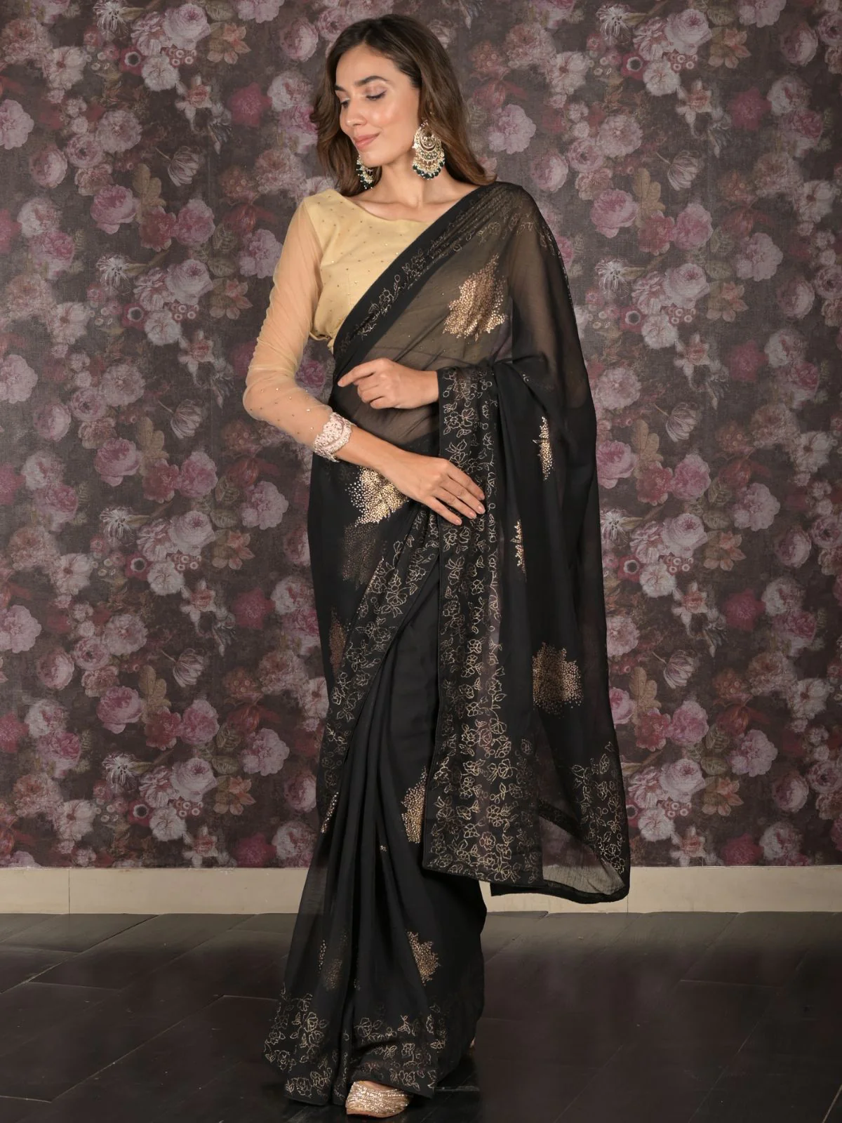 Odette Black Foil Printed Chiffon Saree with Unstitched Blouse for Women - Image 2