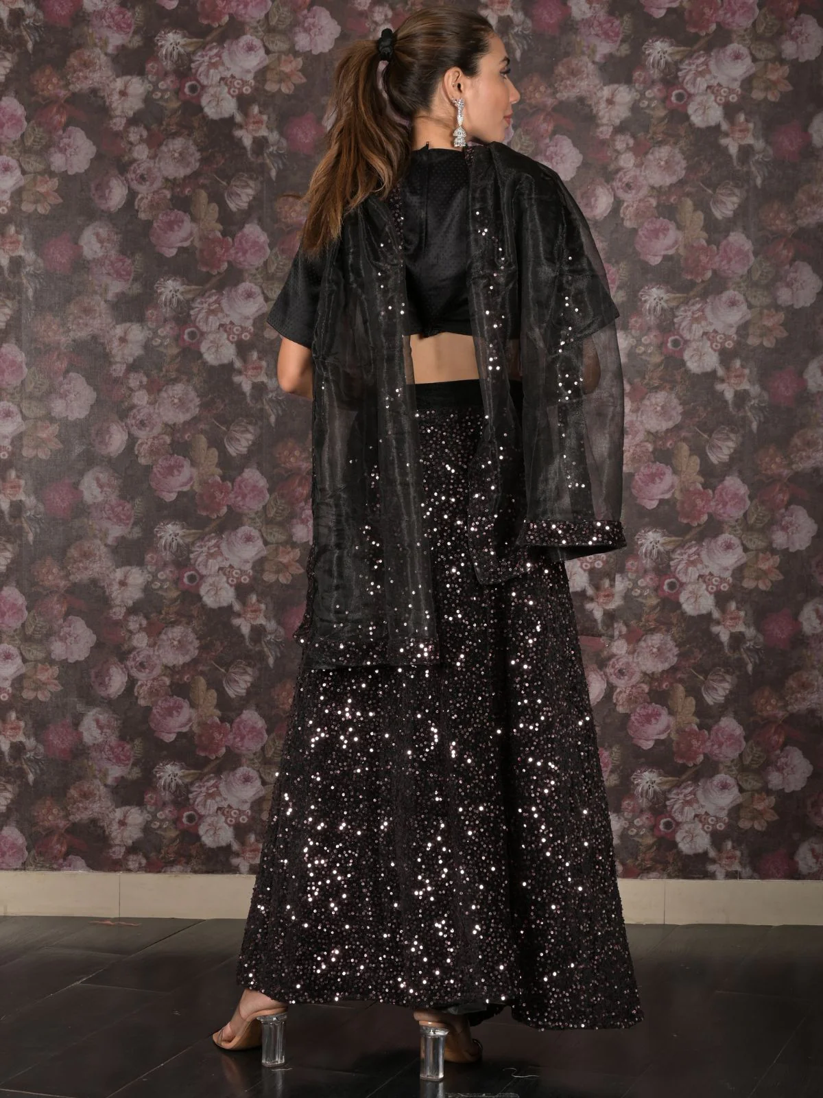 Odette Black Full Sequins Embroidered Stitched Velvet Lehenga with Unstitched Blouse for Women - Image 2