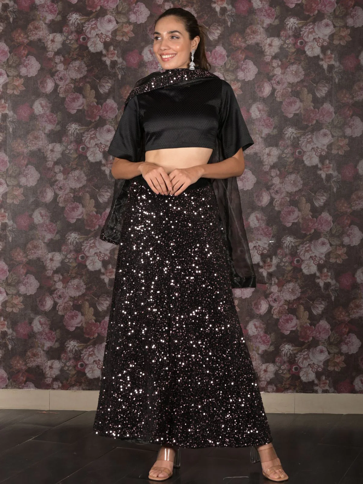 Odette Black Full Sequins Embroidered Stitched Velvet Lehenga with Unstitched Blouse for Women - Image 4