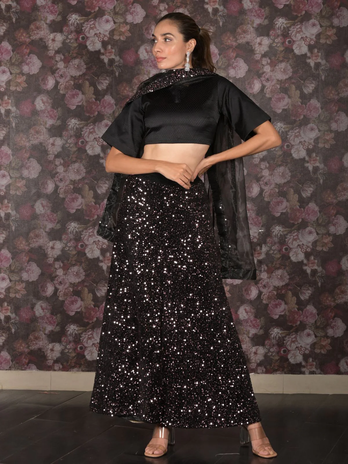 Odette Black Full Sequins Embroidered Stitched Velvet Lehenga with Unstitched Blouse for Women - Image 5