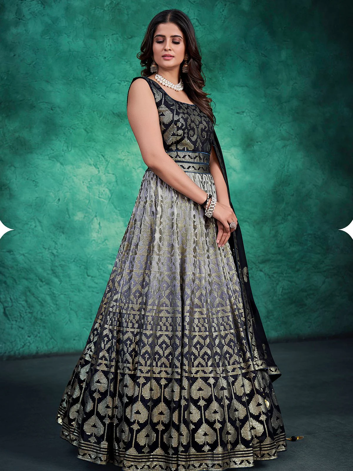 Odette Black Georgette Embellished Stitched Gown For Women - Image 2