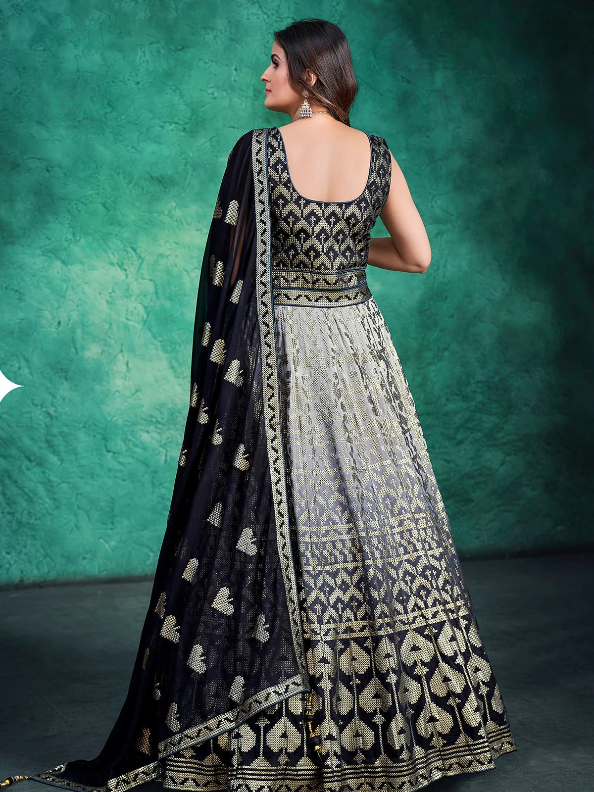 Odette Black Georgette Embellished Stitched Gown For Women - Image 4