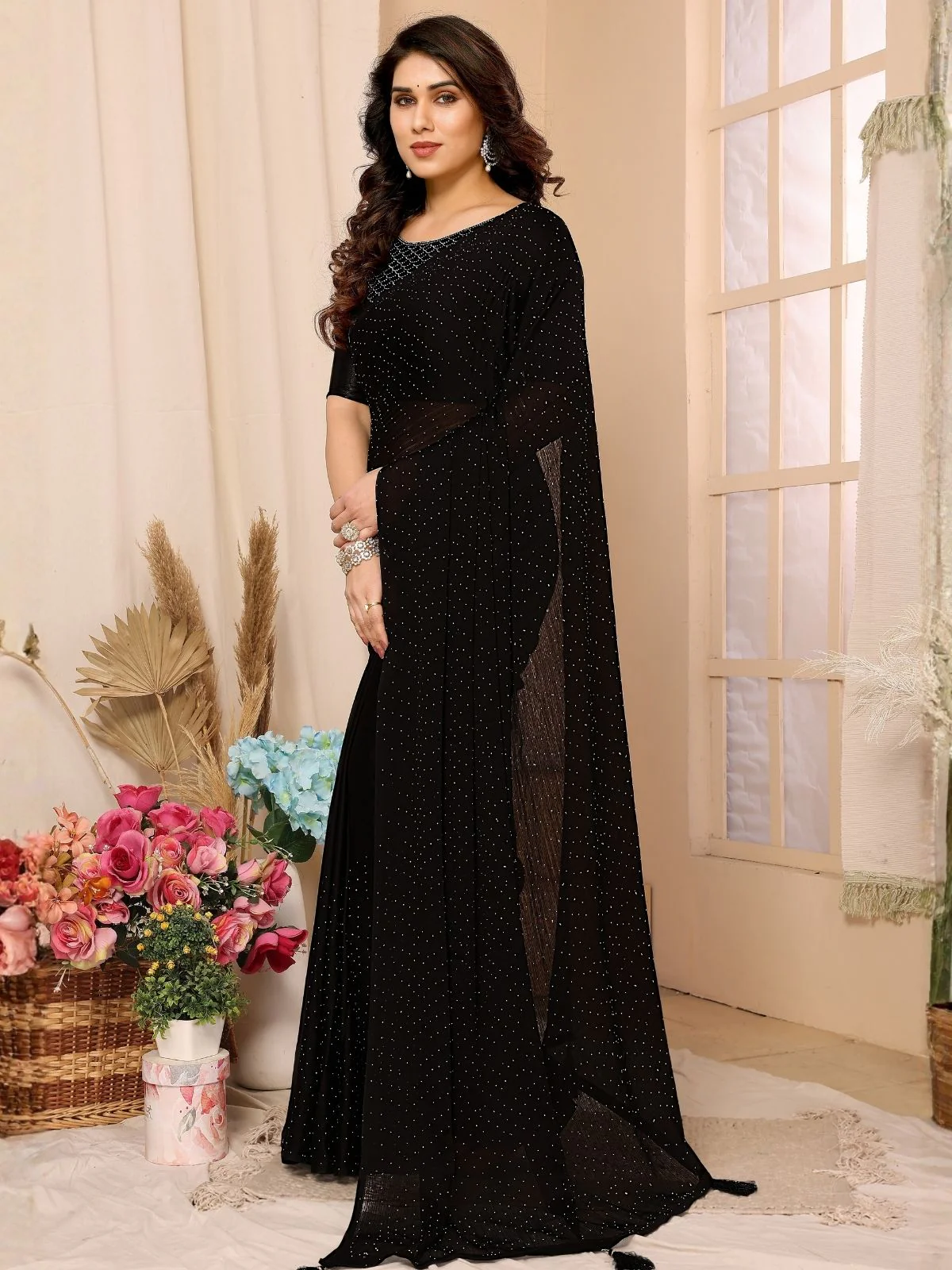 Odette Black Georgette Embellished Saree For Women - Image 2