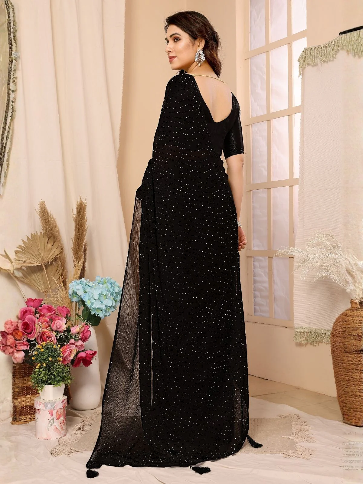 Odette Black Georgette Embellished Saree For Women - Image 3