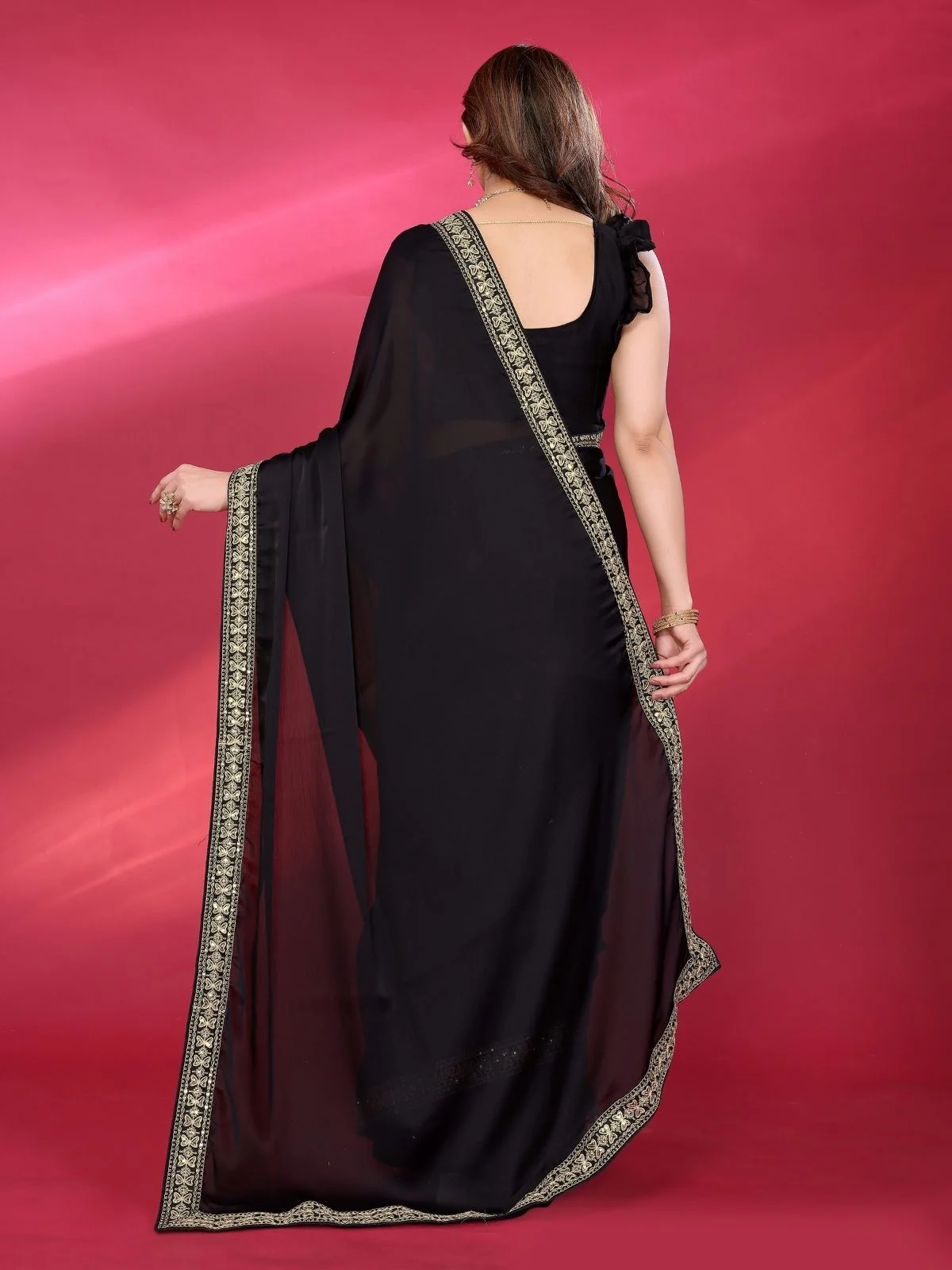 Odette Black Georgette Embellished Saree For Women - Image 3