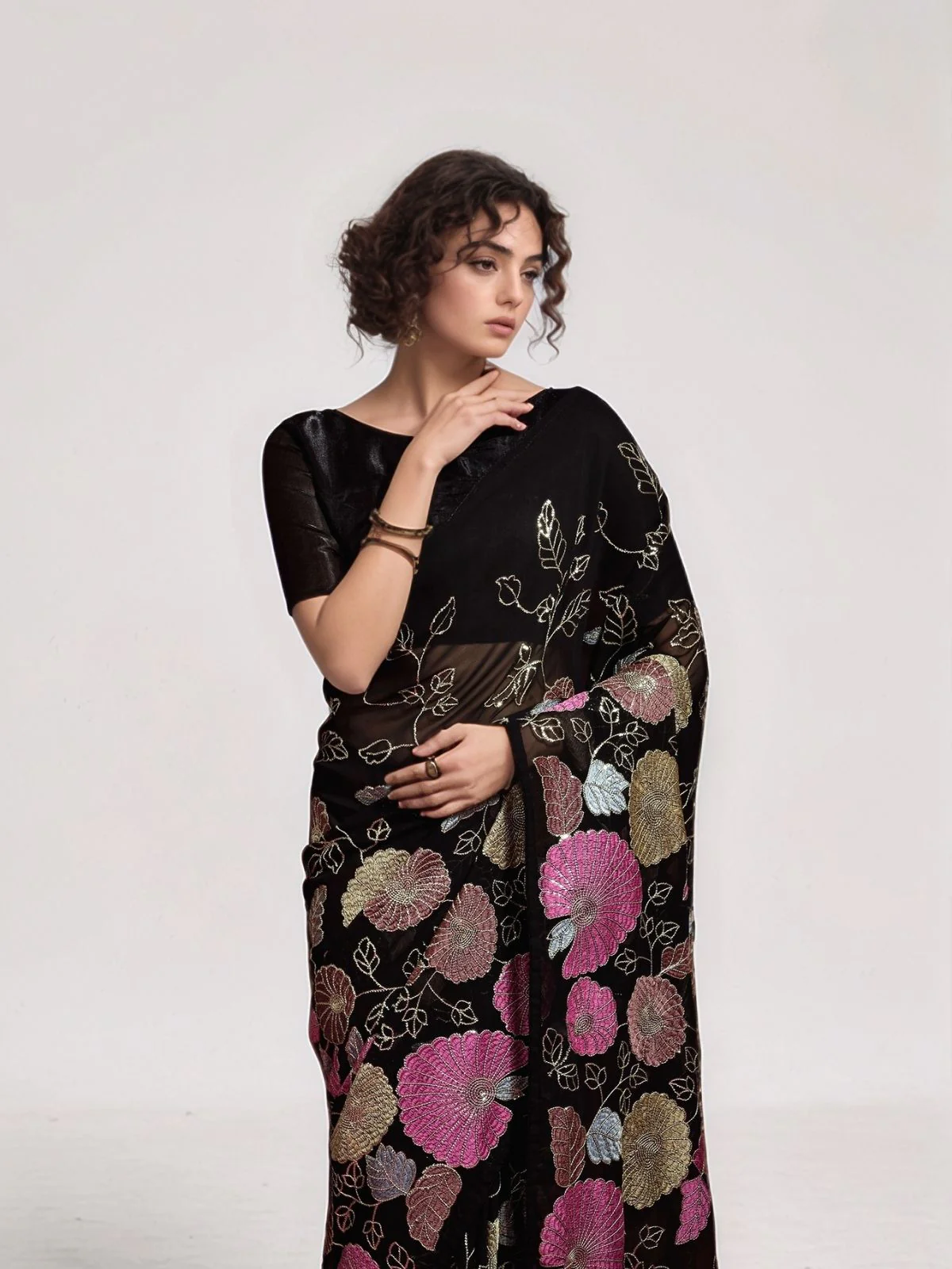 Odette Black Georgette Embellished Saree For Women - Image 2