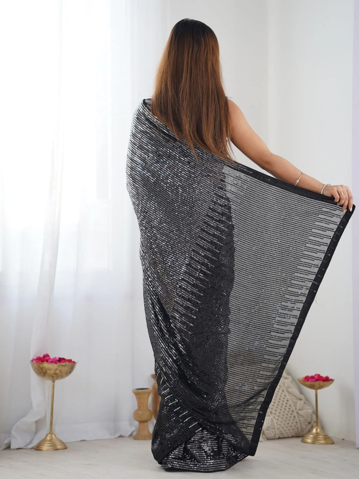 Odette Black Georgette Embellished Saree With Unstitched Blouse For Women - Image 3