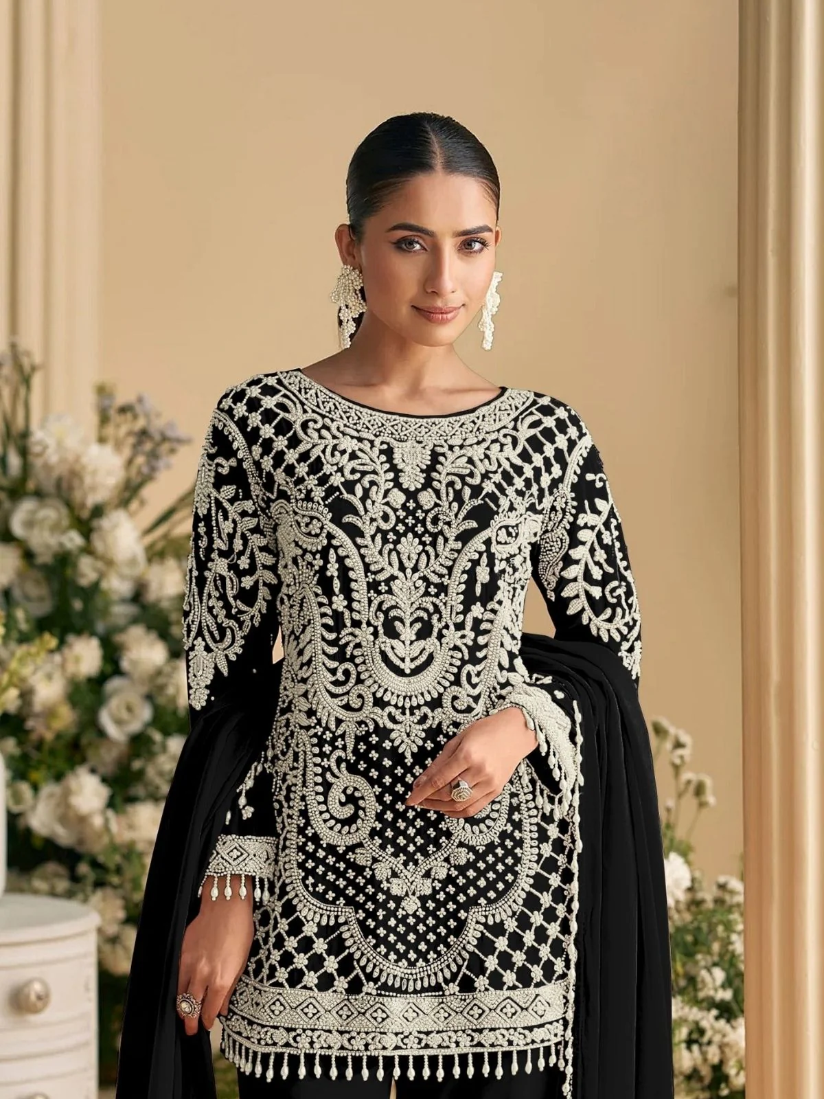 Odette Black Georgette Embellished Semi Stitched Kurta Set For Women - Image 2