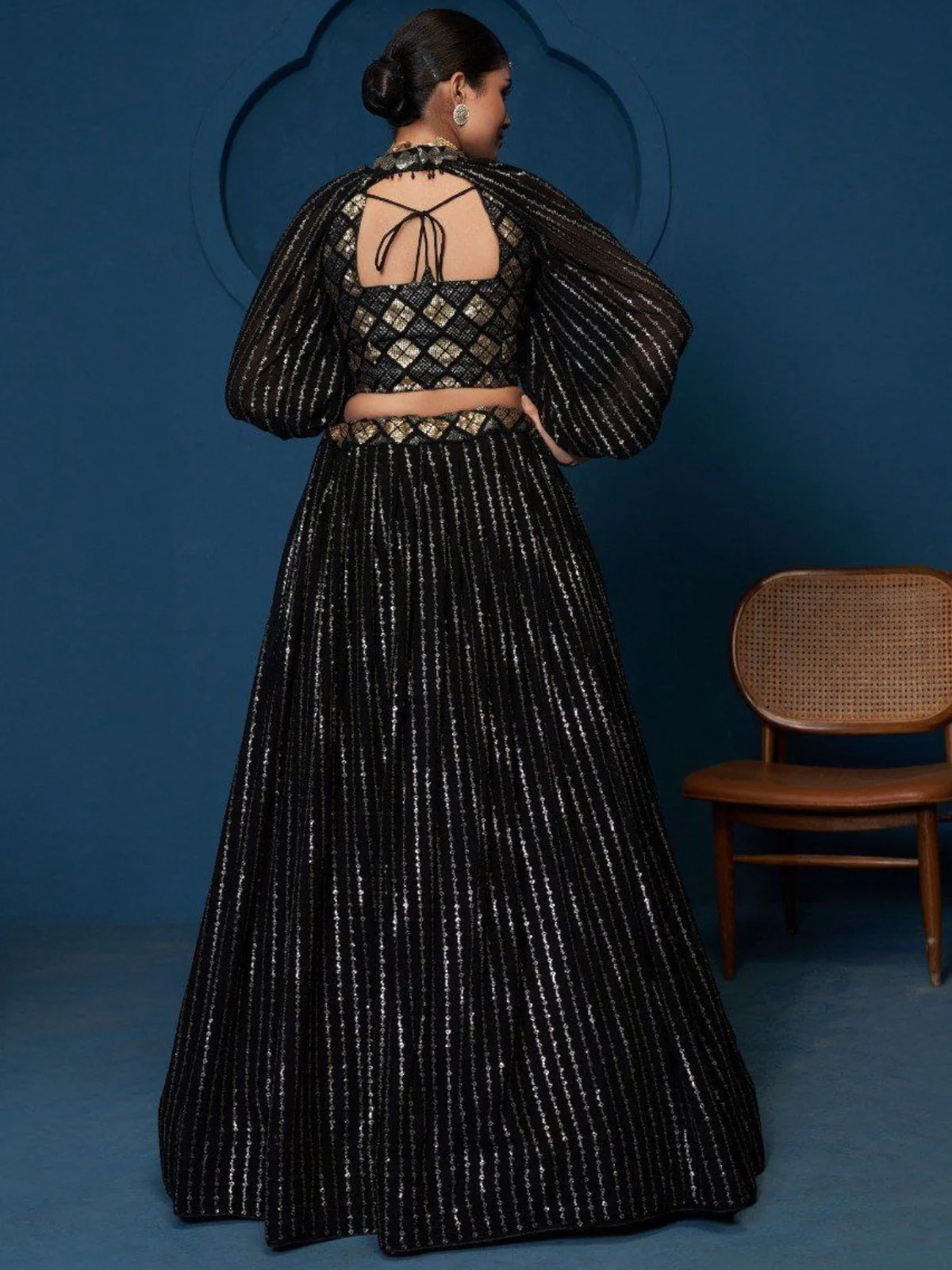 Odette Black Georgette Embellished Semi Stitched Lehenga For Women - Image 2