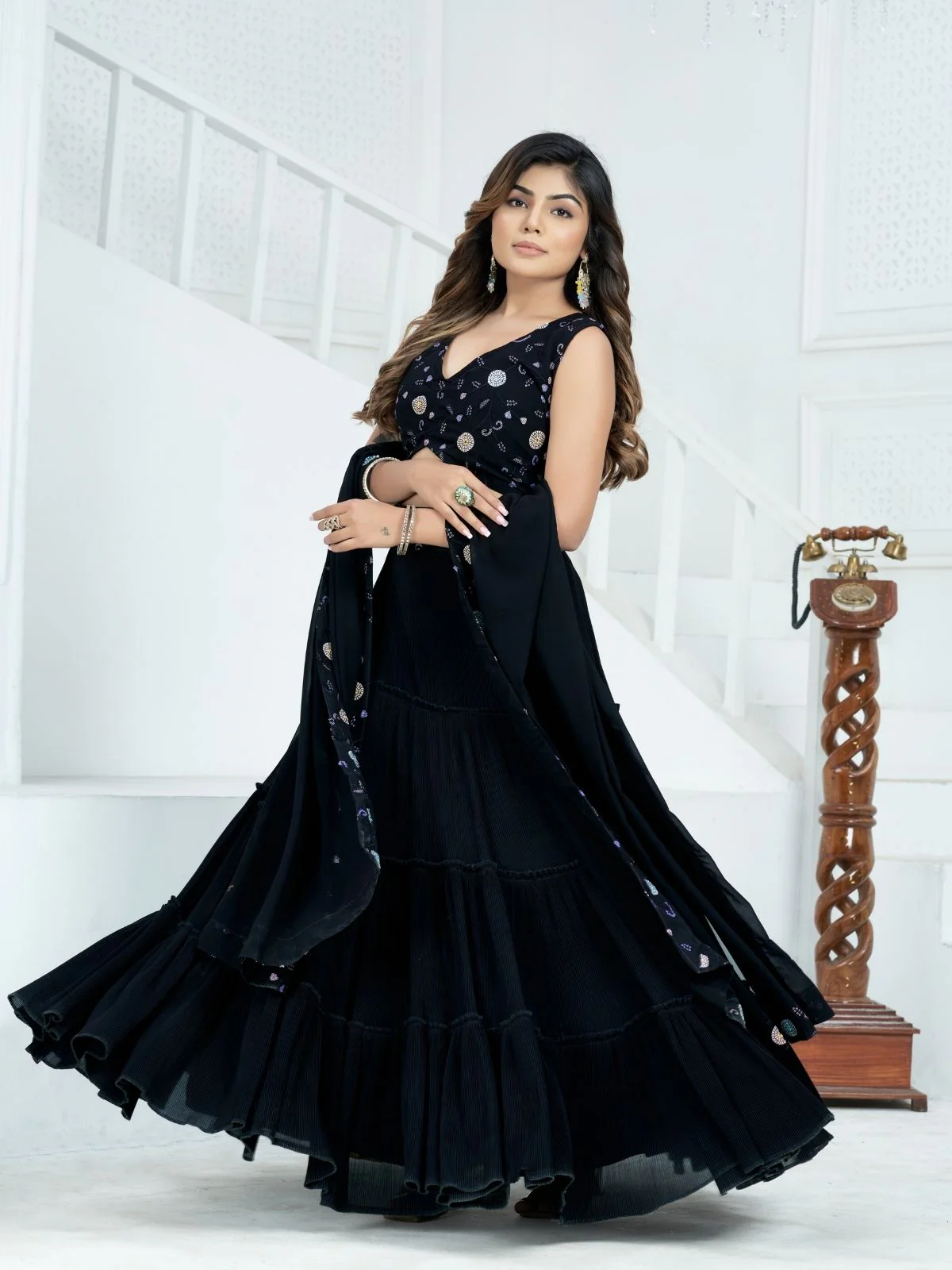 Odette Black Georgette Embellished Semi Stitched Lehenga For Women - Image 2