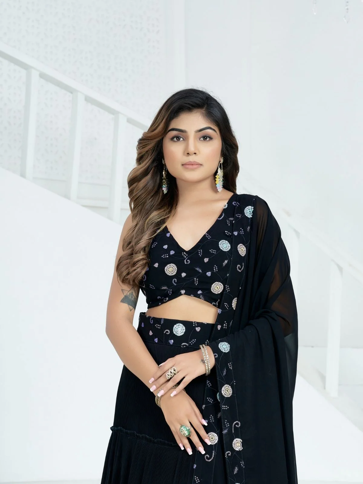 Odette Black Georgette Embellished Semi Stitched Lehenga For Women - Image 3