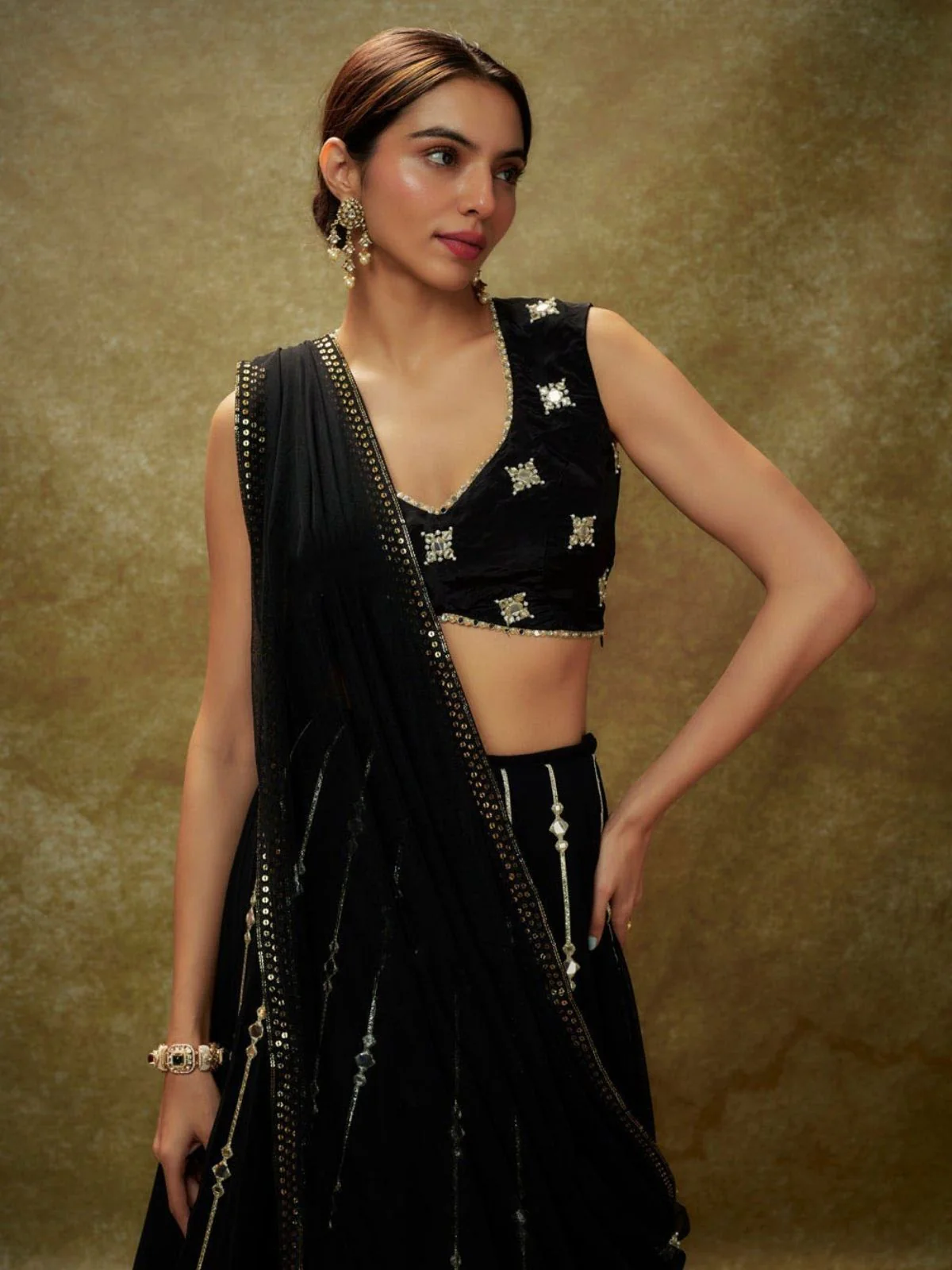 Odette Black Georgette Embellished Semi-Stitched Lehenga For Women - Image 3
