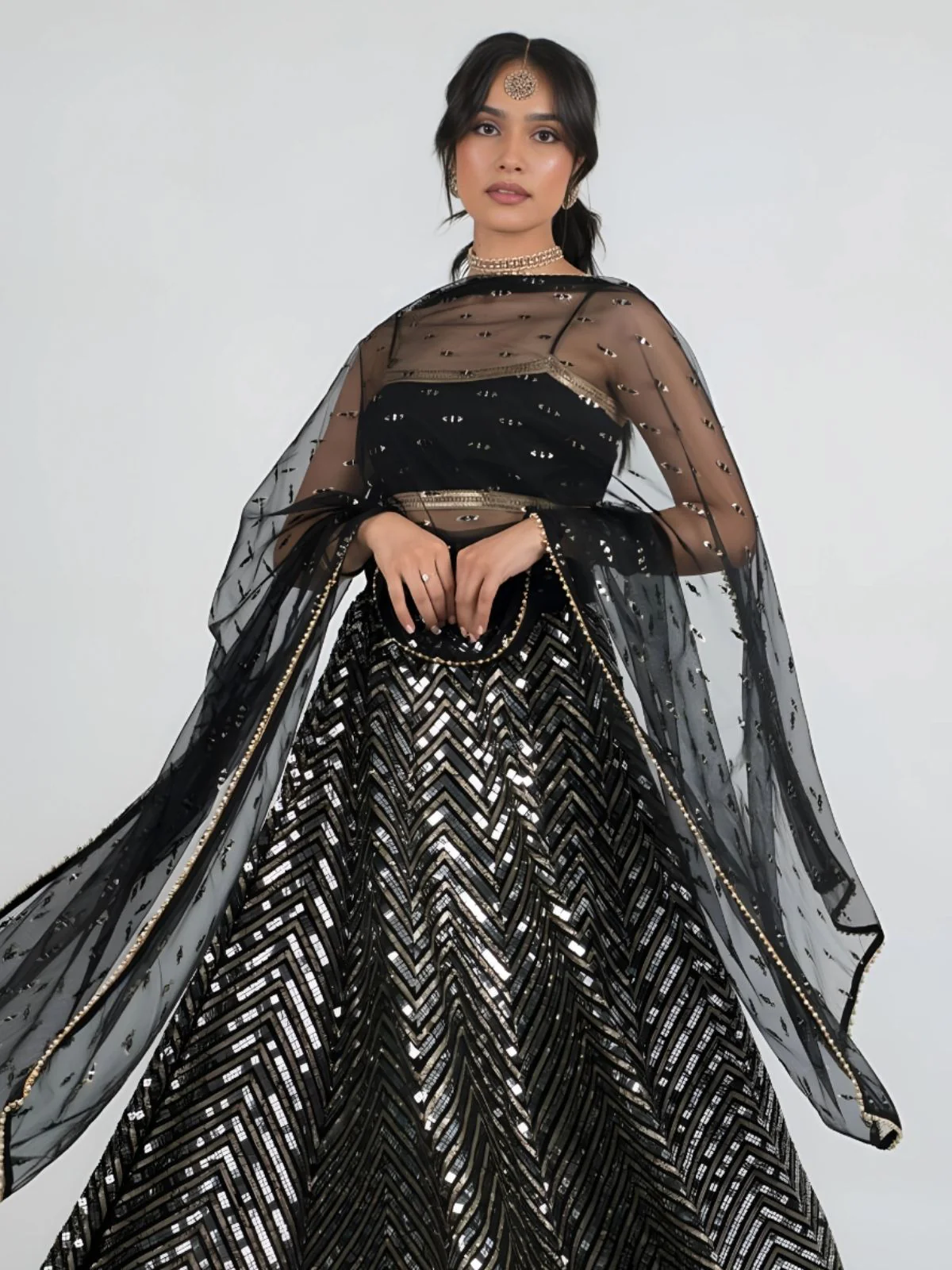 Odette Black Georgette Embellished Semi-Stitched Lehenga For Women - Image 3